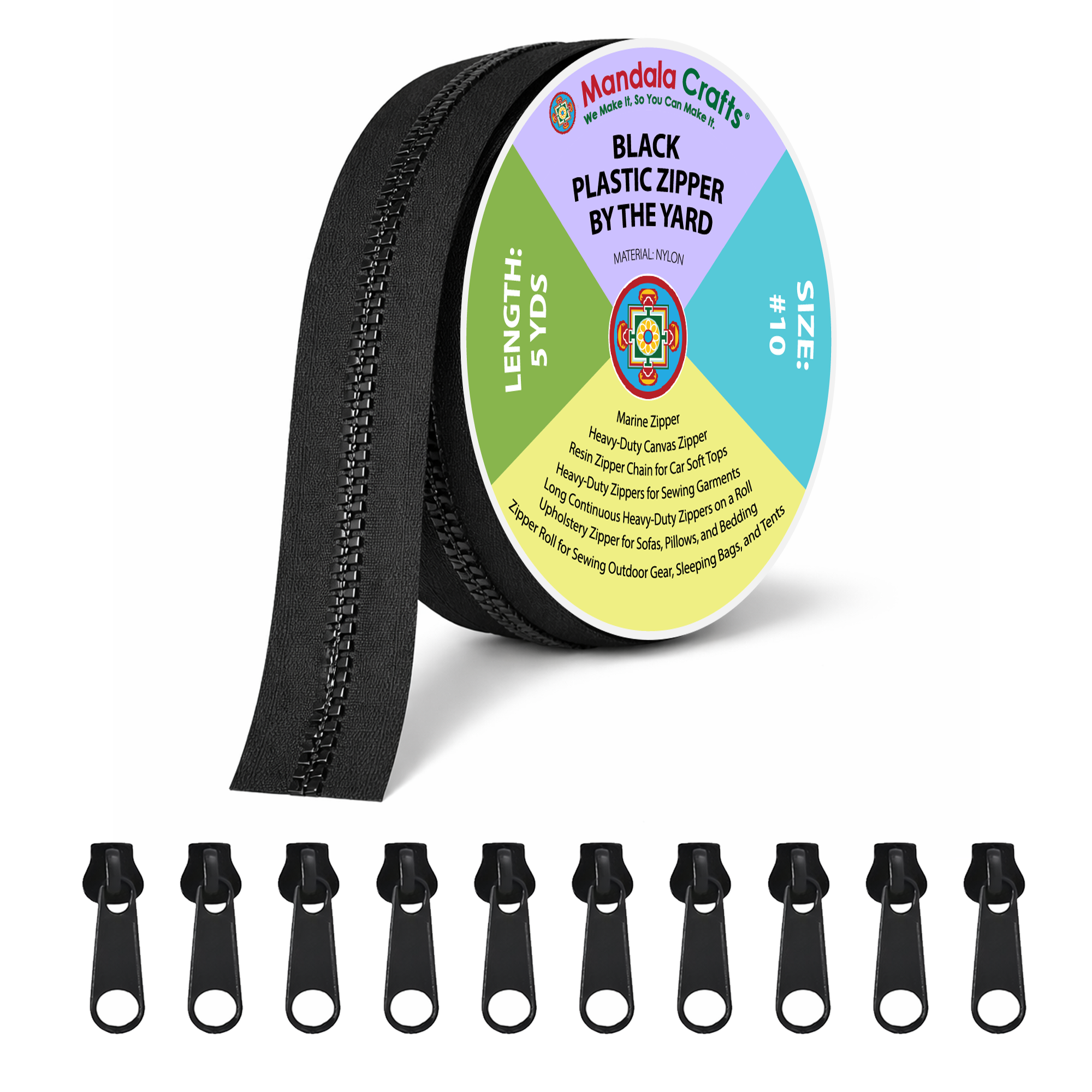 Plastic Zipper by The Yard Bulk 5 Yard Black Zipper Roll for Sewing, Replacement, Upholstery with 10 Sliders, Size 5 Coil; by Mandala Crafts