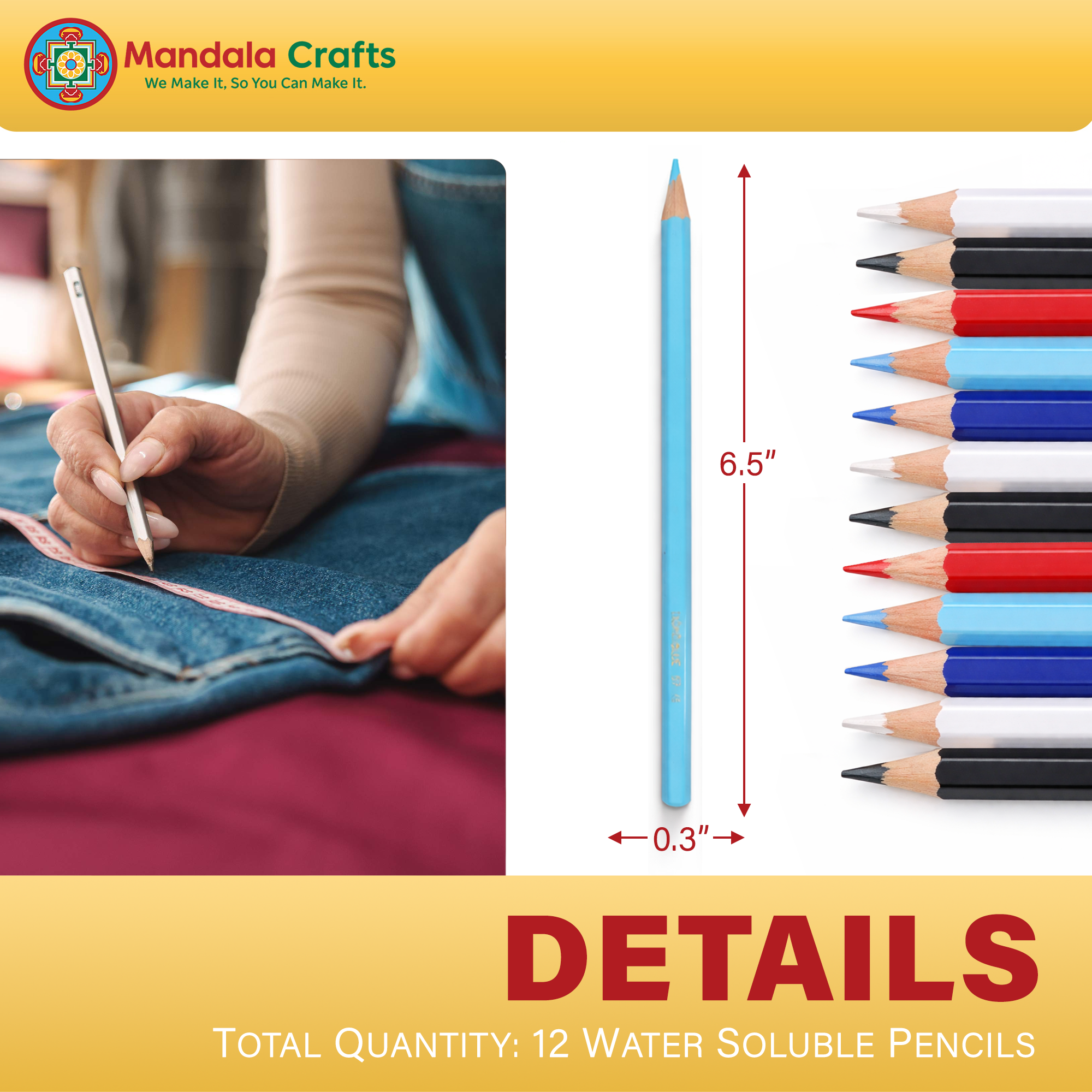 Mandala Crafts 12 Water Soluble Pencils for Fabric Marking - Washable Fabric Pencil for Sewing - Quilting Embroidery Tailor Dressmaker Sewing Pencil for Fabric