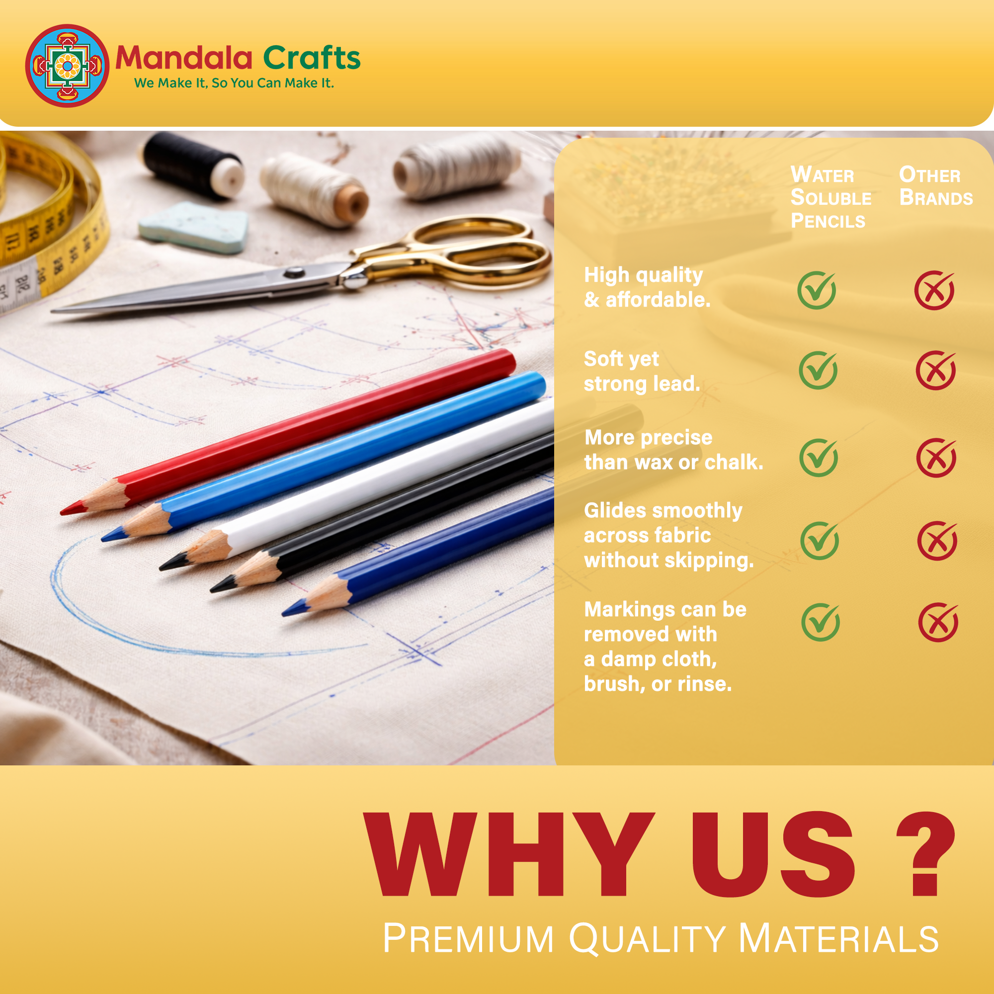 Mandala Crafts 12 Water Soluble Pencils for Fabric Marking - Washable Fabric Pencil for Sewing - Quilting Embroidery Tailor Dressmaker Sewing Pencil for Fabric
