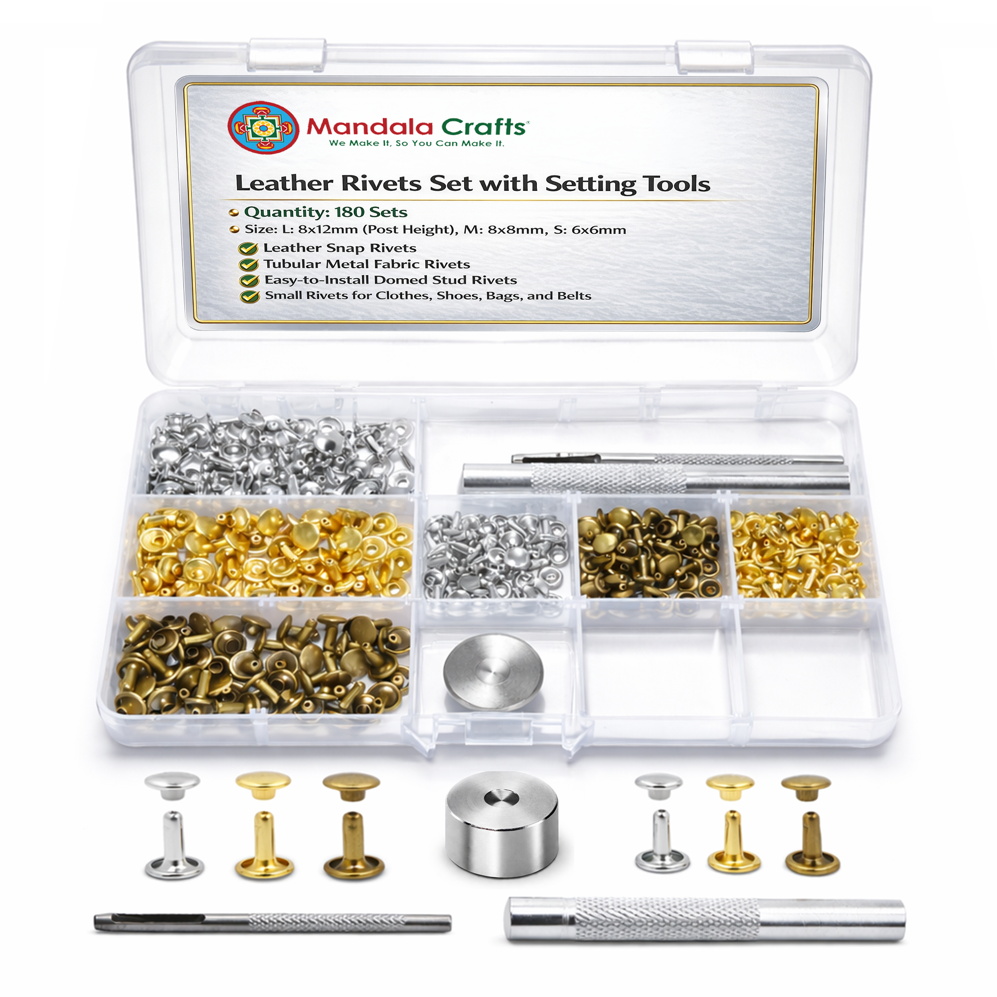 Mandala Crafts Rivet Kit and Punch Press Setting Tool for Leather, Fabric, Clothing Decorative Metal Studs