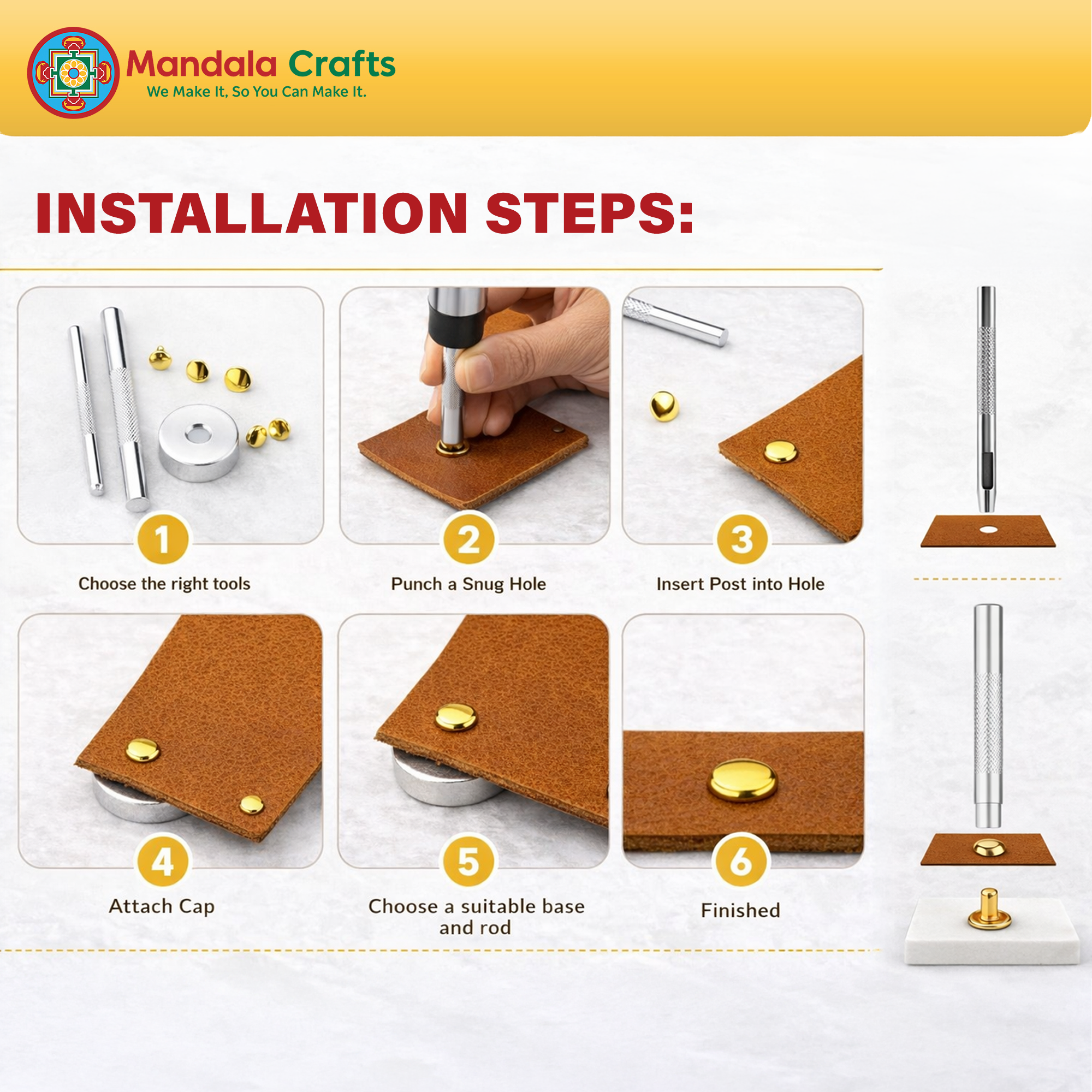 Mandala Crafts Rivet Kit and Punch Press Setting Tool for Leather, Fabric, Clothing Decorative Metal Studs