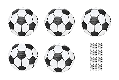 Mudra Crafts 12 Inches Hanging Soccer Paper Lanterns with Lights for Soccer Party Decorations  Soccer Decorations for Party  Lantern Soccer Decor for Soccer Birthday Party Decorations Set of 5