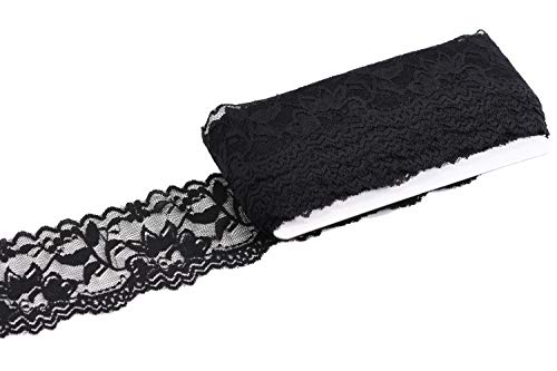 Mandala Crafts Elastic Black Lace Ribbon Black Lace Fabric Elastic Lace Floral Stretch Lace Elastic Trim - Black Lace Trim for Sewing Lingerie Wedding Garters Gift Wrapping