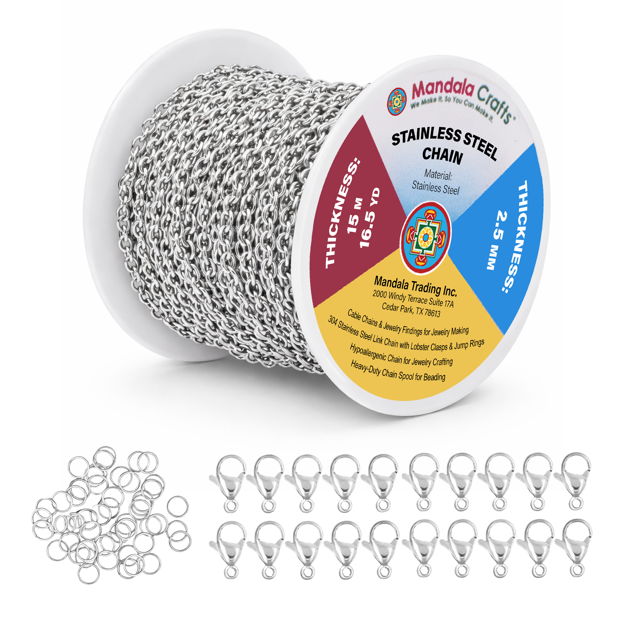 Mandala Crafts 49 Ft Stainless Steel Chain Roll for Jewelry Making – 2.5 mm Silver Tone Tarnish-Resistant Cable Chain Bulk with Lobster Clasps & Jump Rings for Necklace & Bracelet Projects