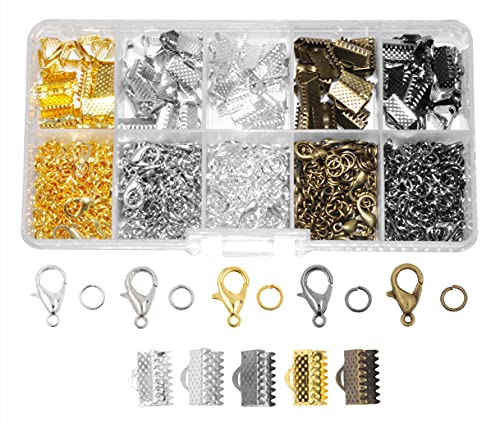 Mandala Crafts Ribbon Clamps for Jewelry Making Ribbon End Crimps - Fold Over Pinch Crimp Ends Ribbon Clasps for Bookmark Pinch Bracelet Choker Necklace 1175 PCs 10X6mm 5 Assorted Colors