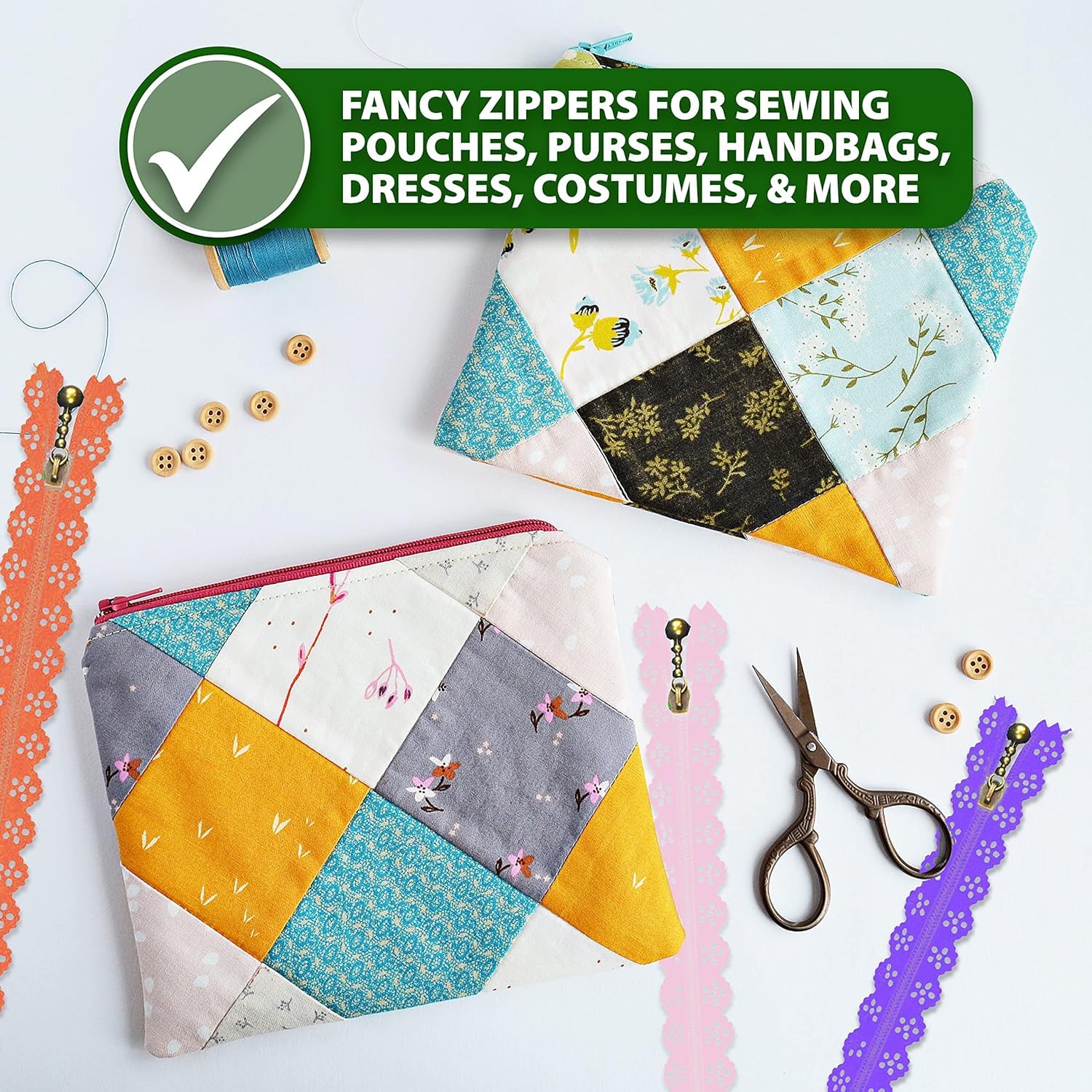 Mandala Crafts Lace Zippers Fancy Zippers for Bags & Purses - Novelty Zippers Exposed Zippers with Lace - 40 Lacy Flower Decorative Zippers for Sewing