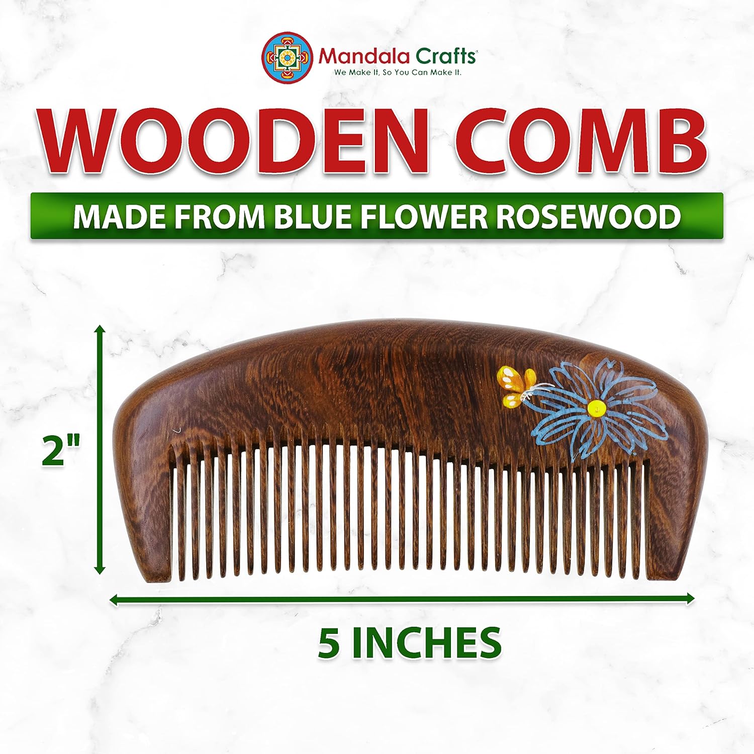 Mandala Crafts Wooden Comb - Blue Flower Rosewood Anti-Static Wood Comb - Wooden Wide Tooth Hair Comb for Men Women Straight Curly Hair Detangling Beard