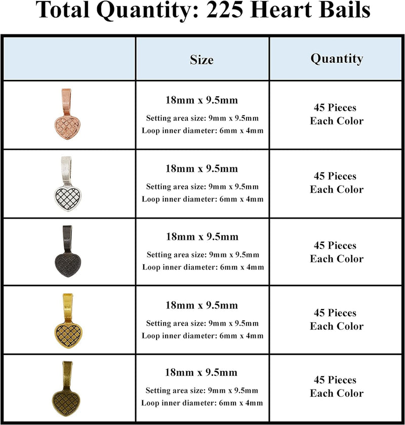Mandala Crafts Glue on Bails for Pendant Jewelry Making, Cabochon Setting Mix Kit; Gunmetal, Antique Bronze, Rose Gold, Gold, Silver Tone Heart 225 PCs