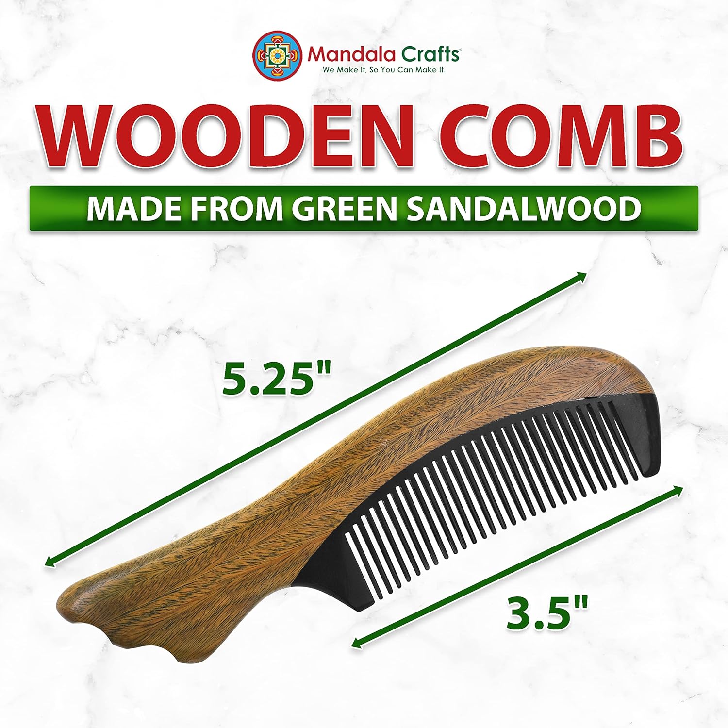 Mandala Crafts Wooden Comb - Green Sandalwood Horn Anti-Static Wood Comb - Wooden Wide Tooth Hair Comb for Men Women Straight Curly Hair Detangling Beard