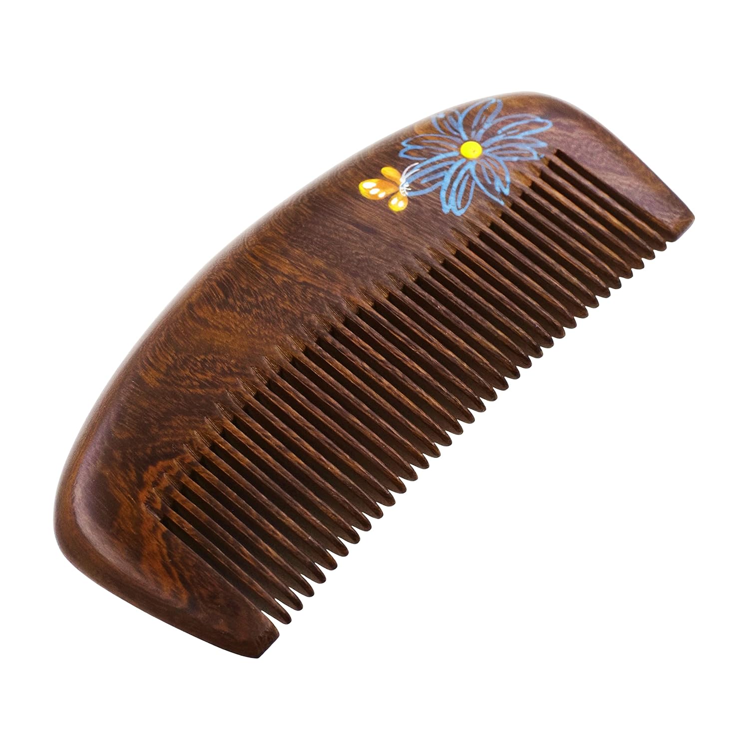 Mandala Crafts Wooden Comb - Blue Flower Rosewood Anti-Static Wood Comb - Wooden Wide Tooth Hair Comb for Men Women Straight Curly Hair Detangling Beard