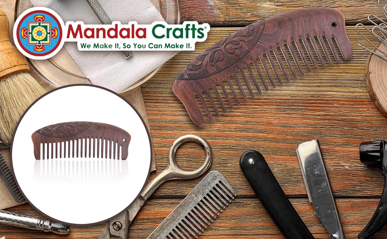 Mandala Crafts Wooden Comb - Anti-Static Wood Comb - Wooden Wide Tooth Hair Comb for Men Women Straight Curly Hair Detangling Beard Rosewood with a Handle