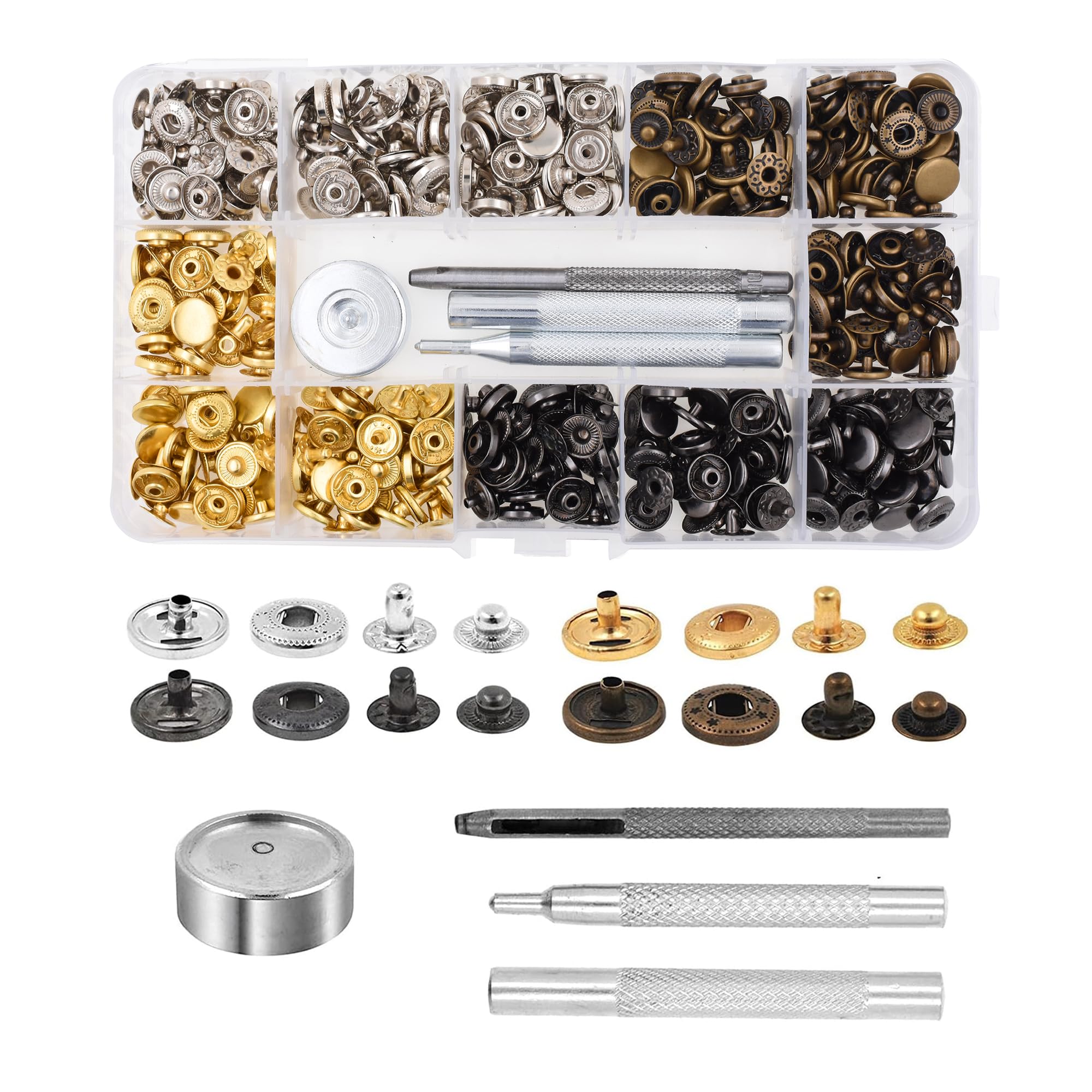 Mandala Crafts Metal Snap Button Kit - Snap on Buttons with Snap Fastener Tool for Sewing Clothing Leather Crafting 10 Assorted Colors 9.5mm 0.37 Inch