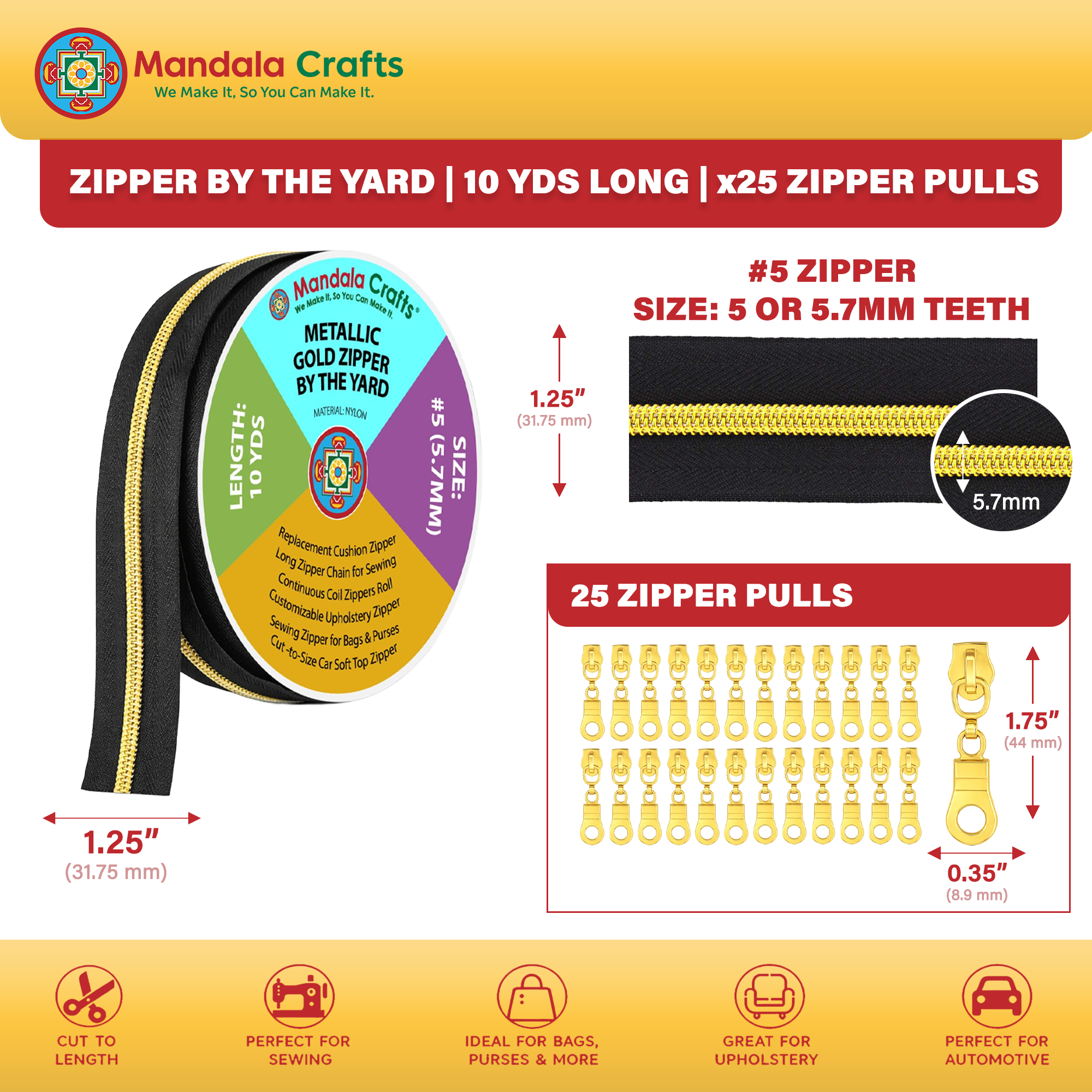 Mandala Crafts #5 Metallic Nylon Zippers by the Yard | 10 YDs, Continuous Coil Zipper Chain on the Roll, with 25 Pull Sliders, for Upholstery, Sewing, Indoor Outdoor Cushions