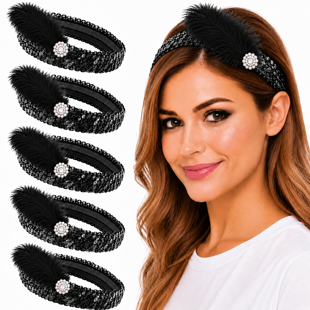 Mandala Crafts Glitter Sequin Headbands with Ostrich Feather Flapper for Women – Elastic Sparkle Bands for Disco, Dance, Carnival Party, or Costume Accessories 5 PCs