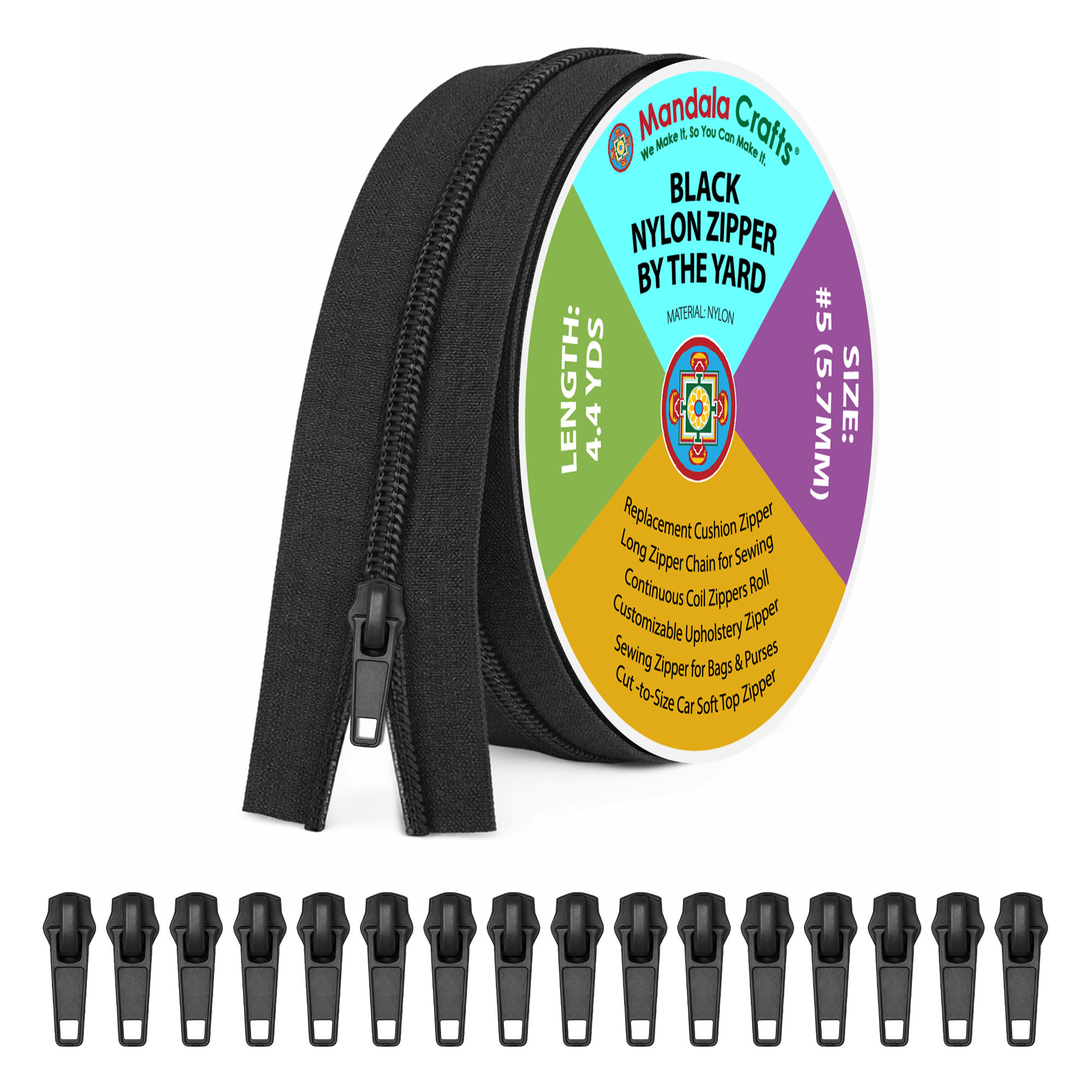 Mandala Crafts Long Zipper by The Yard - Coil Zipper by The Yard #5 - Continuous Zipper Roll for Sewing - Upholstery Zipper Chain with 16 Installed Sliders 4.4 Yards Long