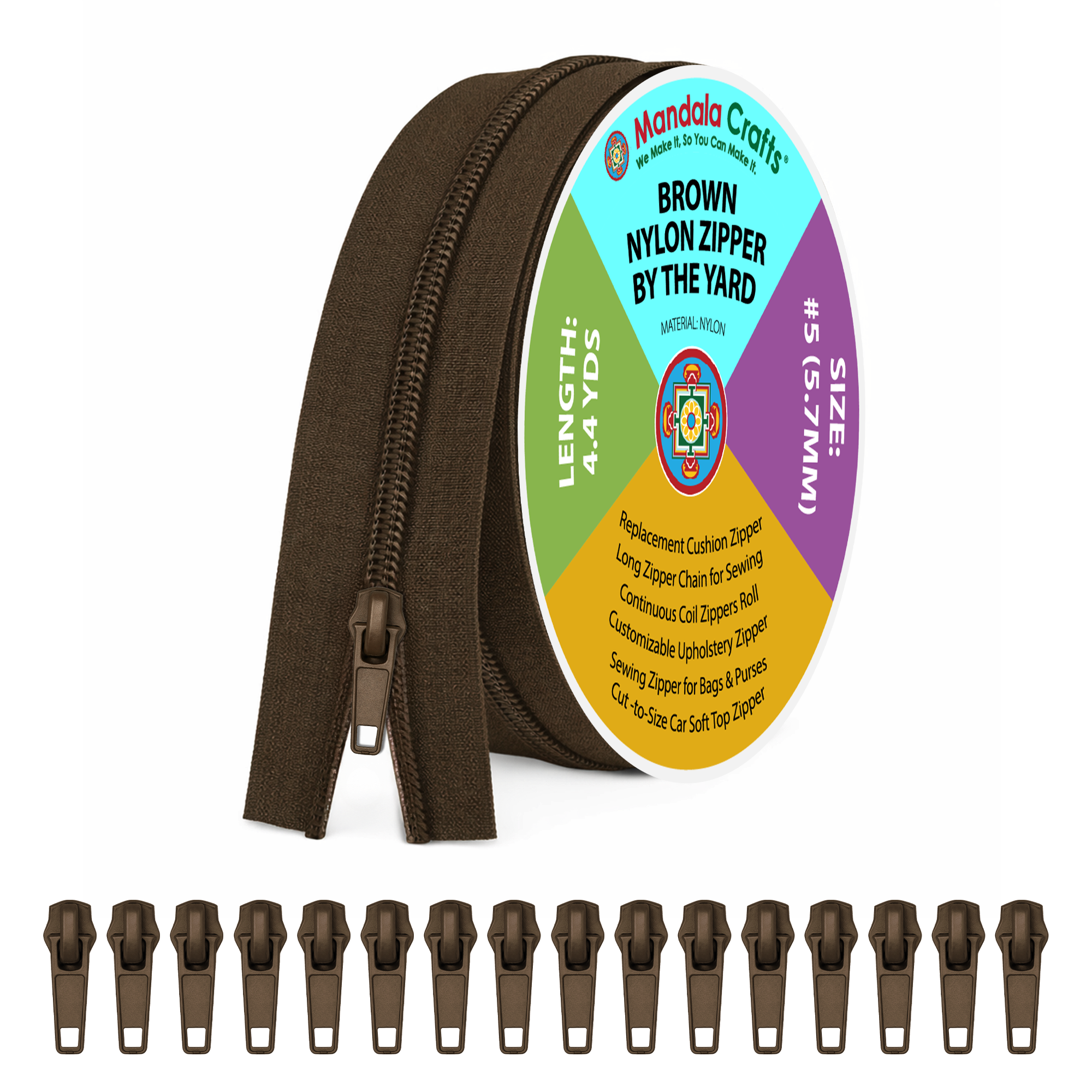 Mandala Crafts Long Zipper by The Yard - Coil Zipper by The Yard #5 - Continuous Zipper Roll for Sewing - Upholstery Zipper Chain with 16 Installed Sliders 4.4 Yards Long