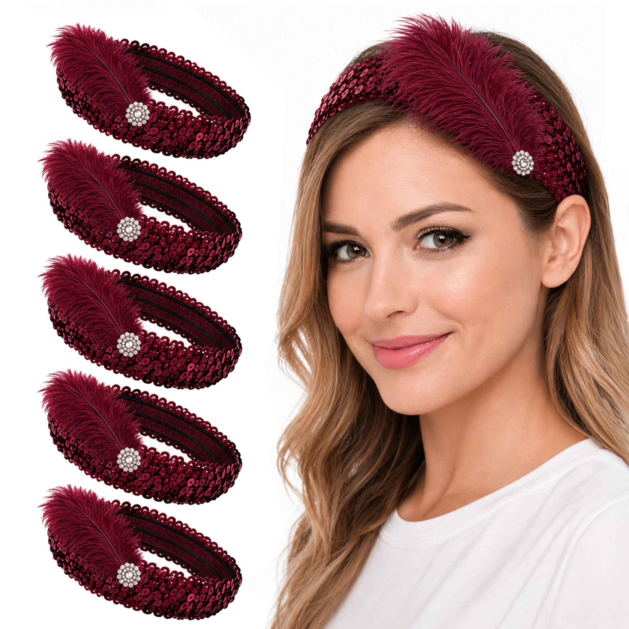 Mandala Crafts Glitter Sequin Headbands with Ostrich Feather Flapper for Women – Elastic Sparkle Bands for Disco, Dance, Carnival Party, or Costume Accessories 5 PCs