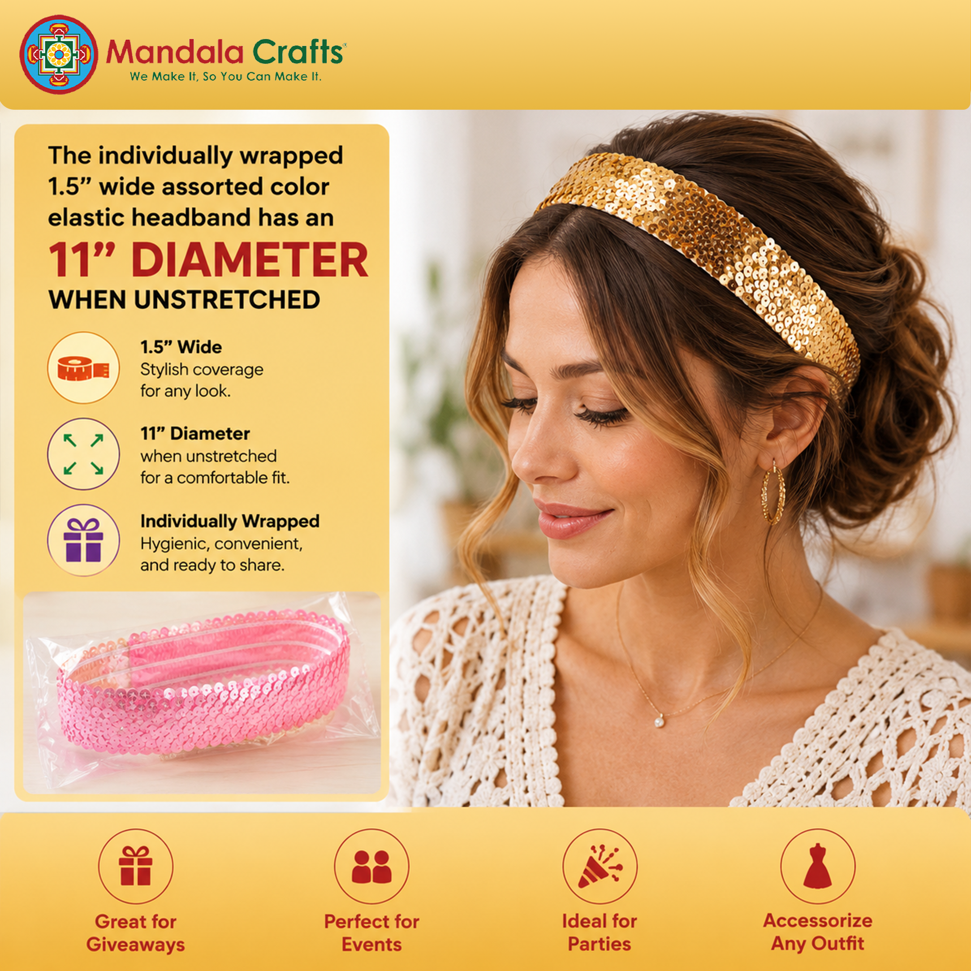 Mandala Crafts Glitter Sequin Headbands with Ostrich Feather Flapper for Women – Elastic Sparkle Bands for Disco, Dance, Carnival Party, or Costume Accessories 5 PCs