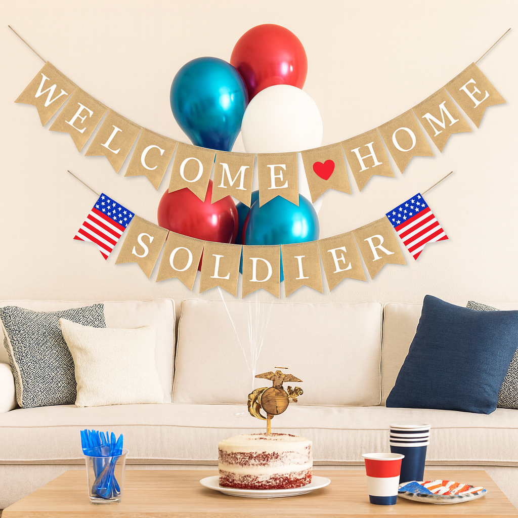 Mandala Crafts Welcome Home Soldier Banner Garland for Military Homecoming Decorations - Burlap Patriotic Military Welcome Home Banner Sign