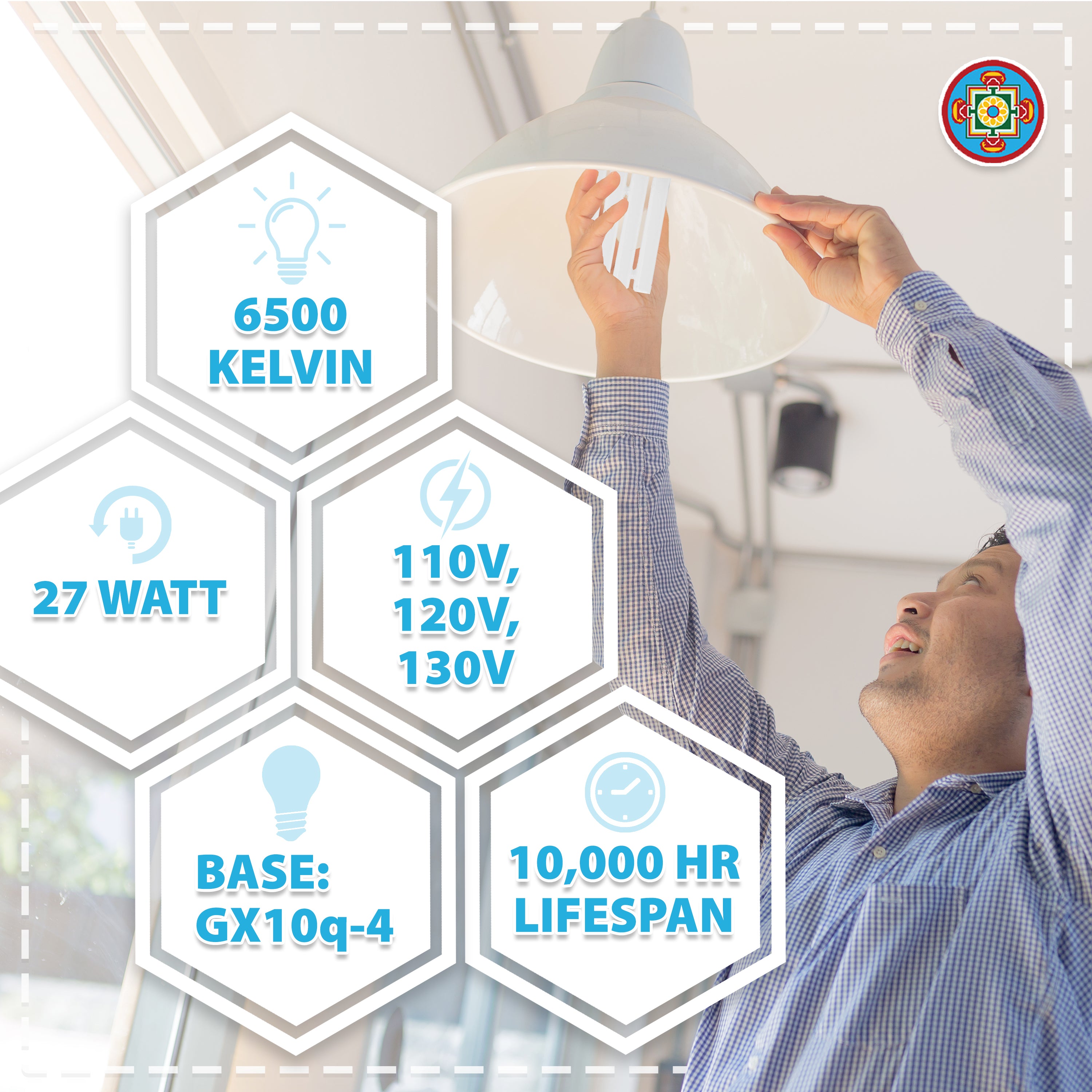 FML27 27-Watt 6500 K Compact Fluorescent Light Bulb with Quad Tubes, 4-pin, GX10q-4 Base; 2 Pack; by Mandala Crafts