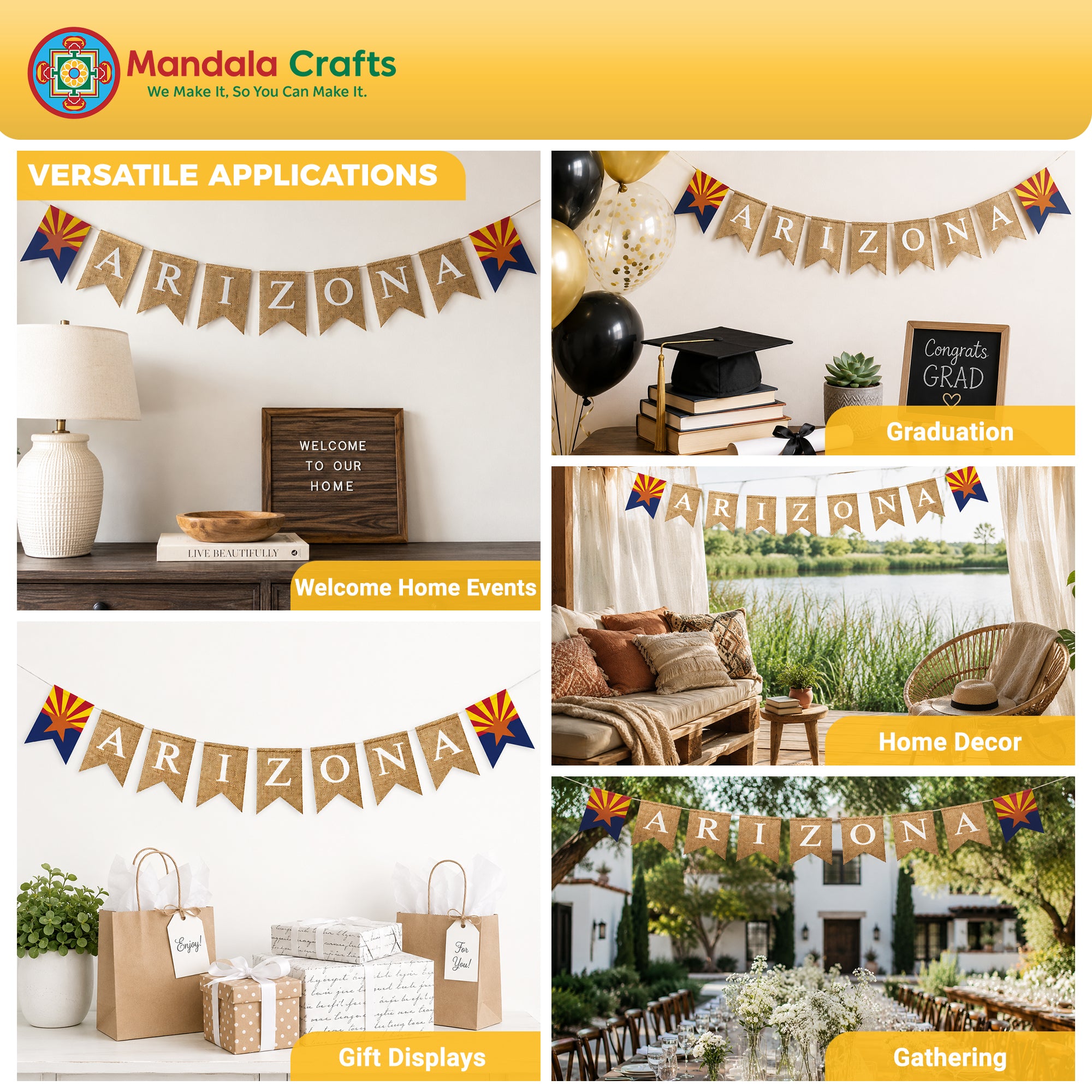 Mandala Crafts Burlap Banner, Rustic State Flag Pennant Decorations, Jute Garland Sign for Western Party, Classroom & Fireplace Mantel Décor