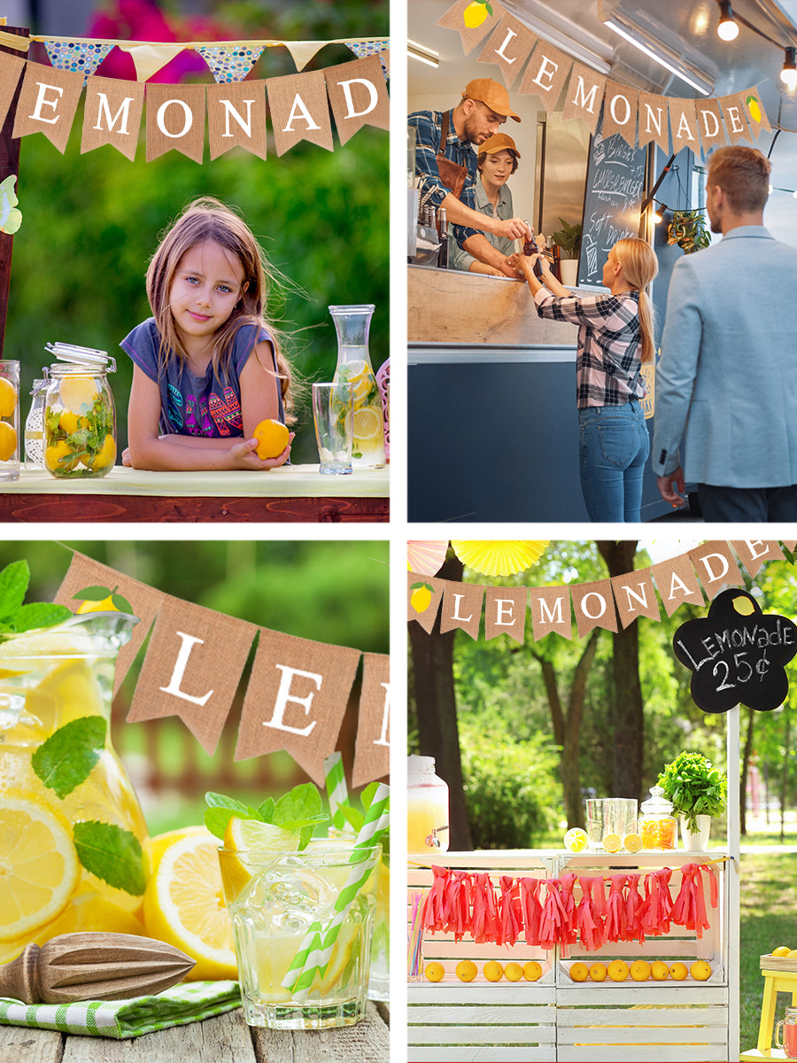 Mandala Crafts Fresh Lemonade Sign for Lemonade Stand Decorations Supplies - Jute Burlap Lemonade Banner for Lemon Birthday Lemonade Party Decorations