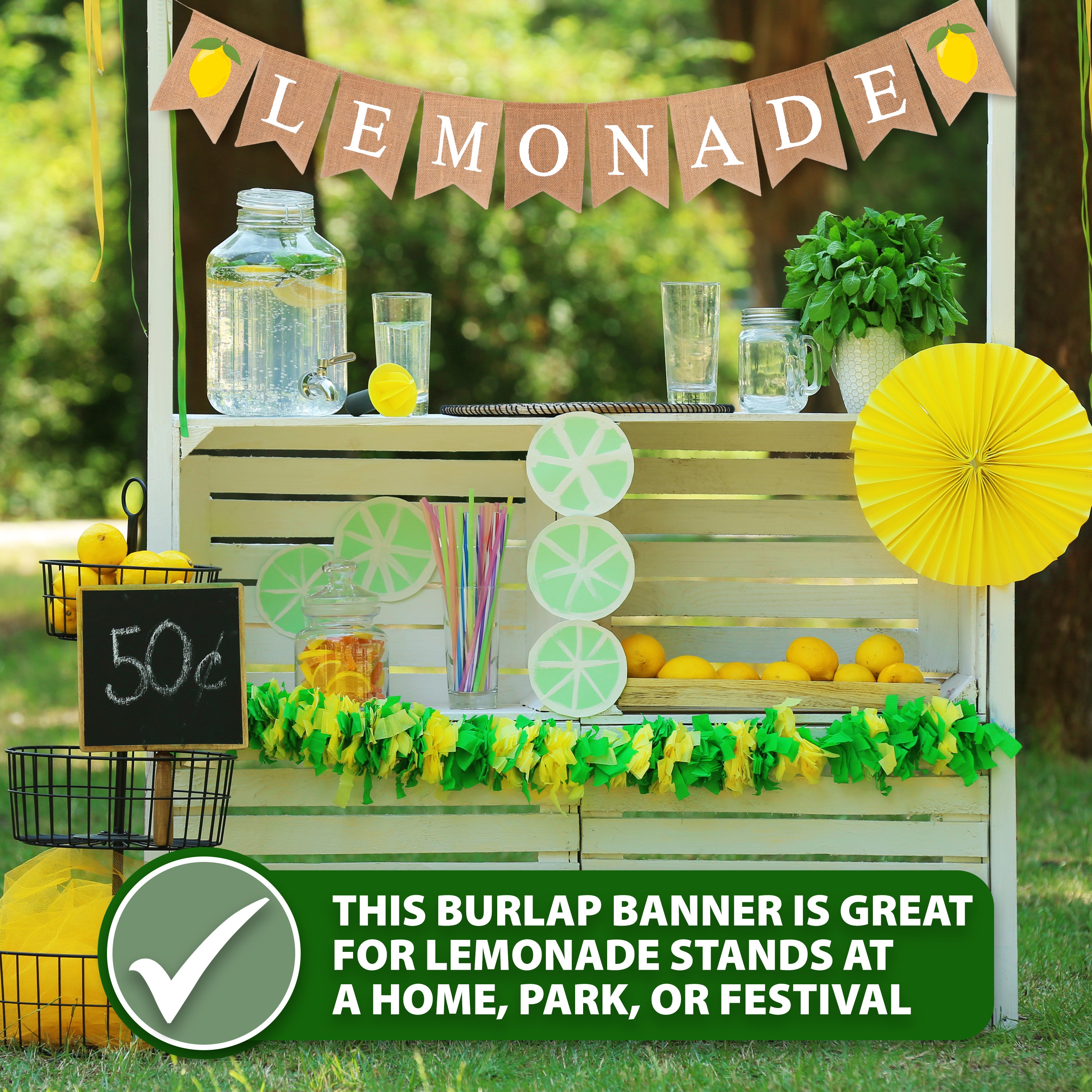 Mandala Crafts Fresh Lemonade Sign for Lemonade Stand Decorations Supplies - Jute Burlap Lemonade Banner for Lemon Birthday Lemonade Party Decorations