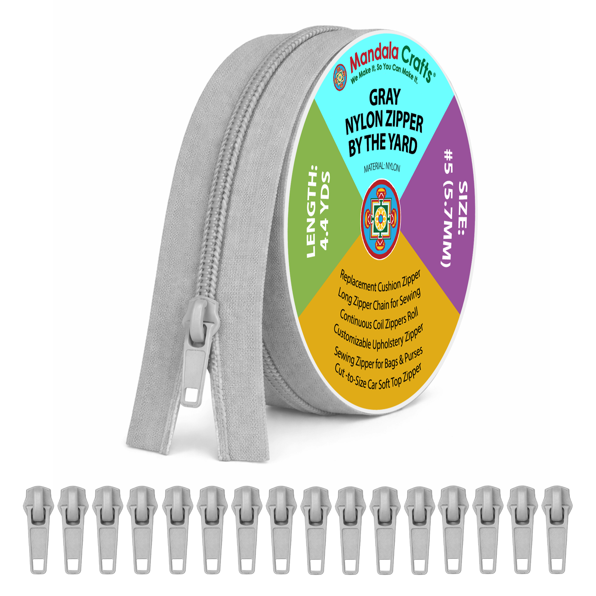 Mandala Crafts Long Zipper by The Yard - Coil Zipper by The Yard #5 - Continuous Zipper Roll for Sewing - Upholstery Zipper Chain with 16 Installed Sliders 4.4 Yards Long