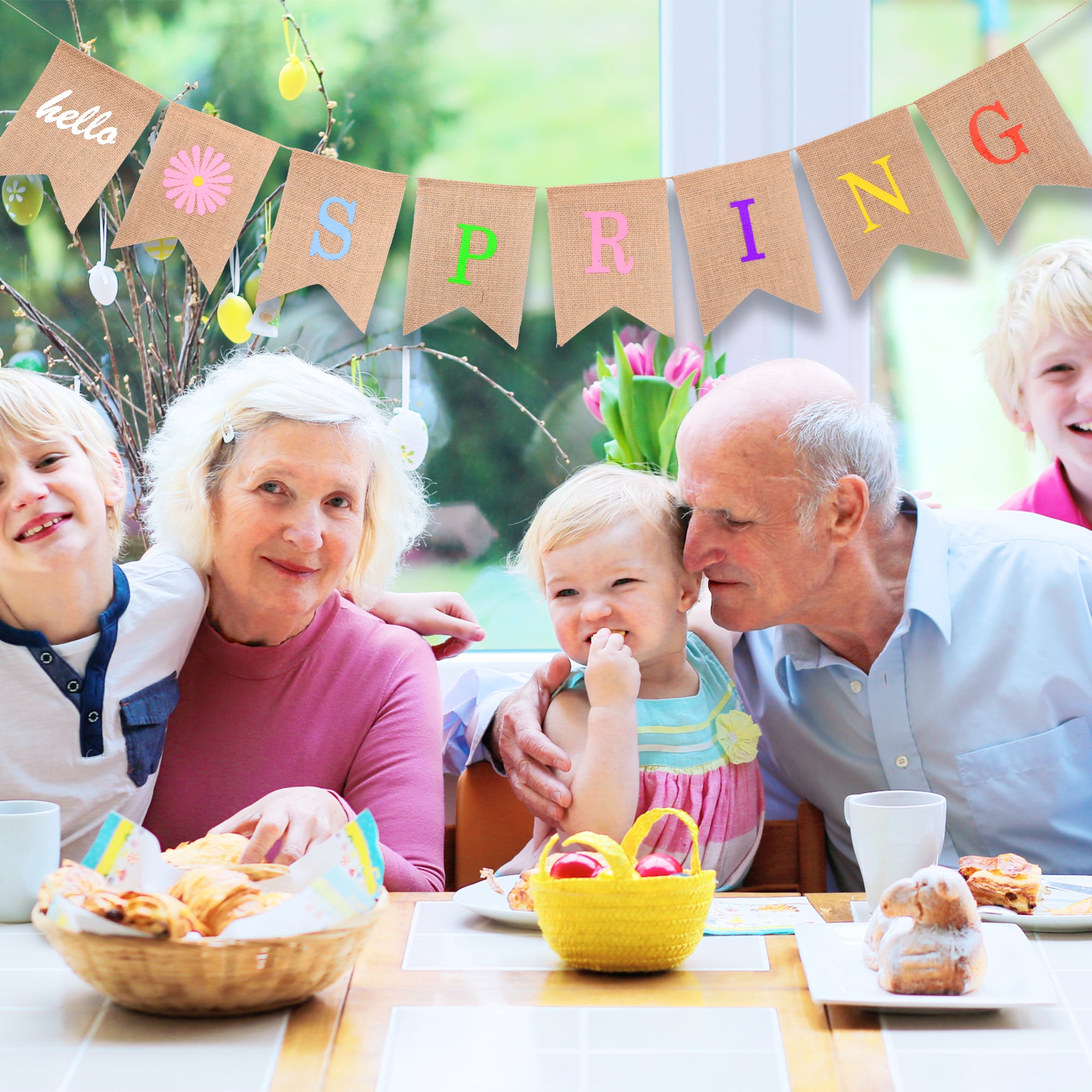 Mandala Crafts Burlap Hello Spring Banner Hello Spring Decorations for Home - Hello Spring Sign Flower Happy Spring Banner Happy Spring Decor for Mantel Fireplace Door