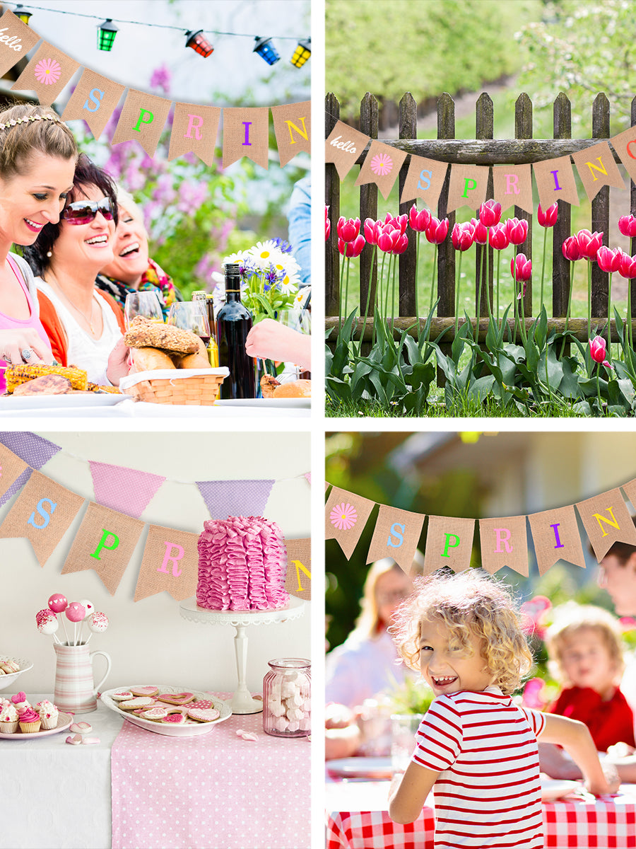 Mandala Crafts Burlap Hello Spring Banner Hello Spring Decorations for Home - Hello Spring Sign Flower Happy Spring Banner Happy Spring Decor for Mantel Fireplace Door