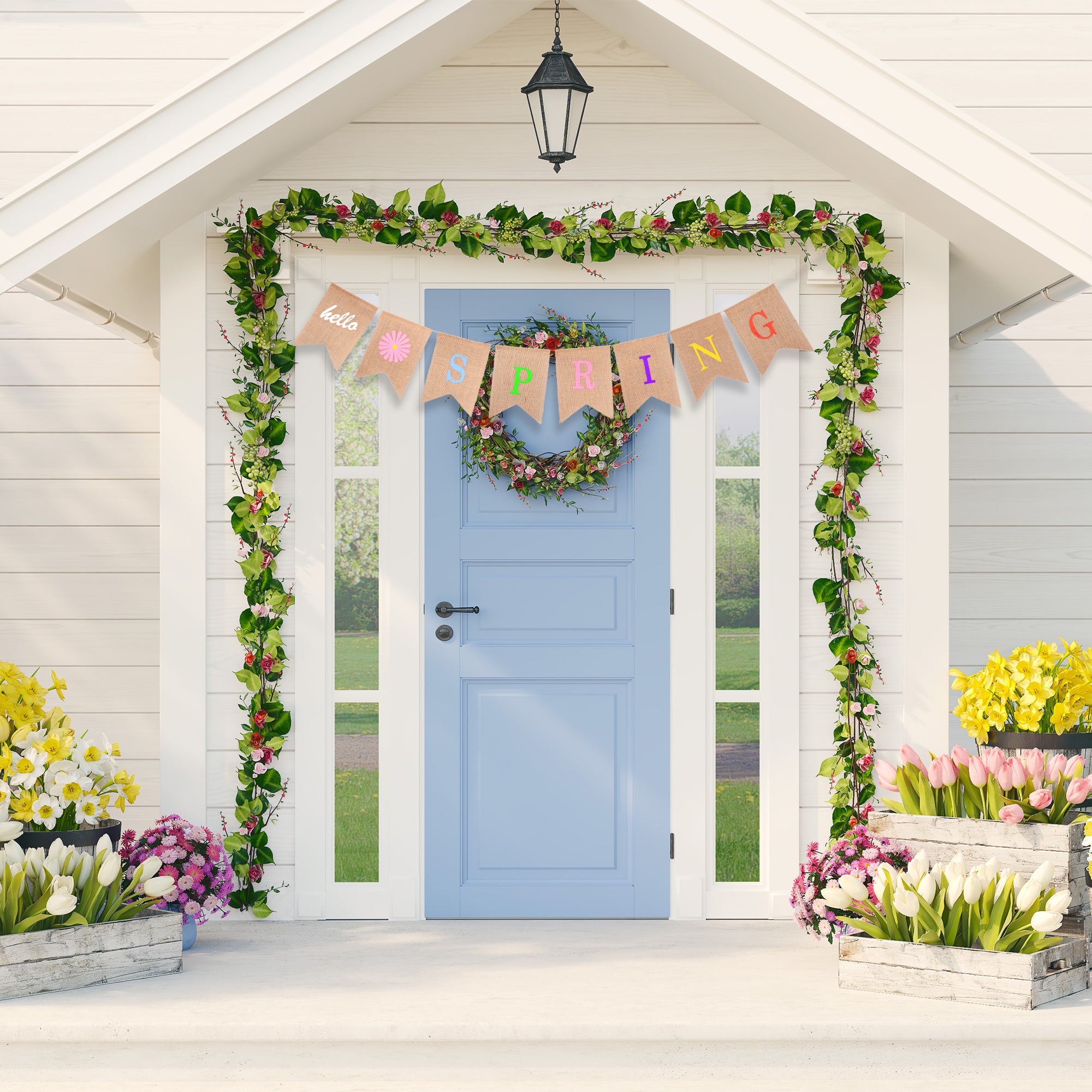 Mandala Crafts Burlap Hello Spring Banner Hello Spring Decorations for Home - Hello Spring Sign Flower Happy Spring Banner Happy Spring Decor for Mantel Fireplace Door