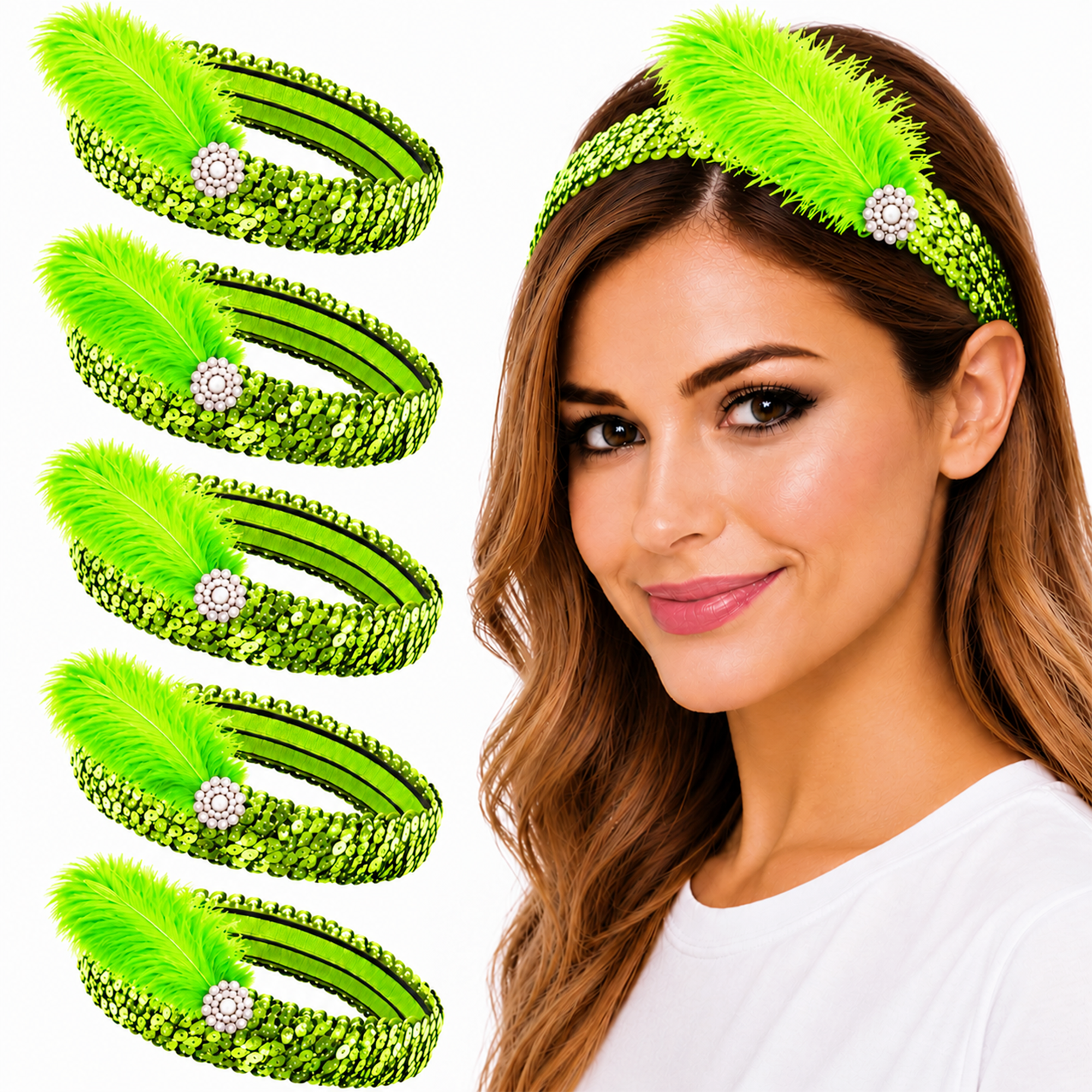 Mandala Crafts Glitter Sequin Headbands with Ostrich Feather Flapper for Women – Elastic Sparkle Bands for Disco, Dance, Carnival Party, or Costume Accessories 5 PCs