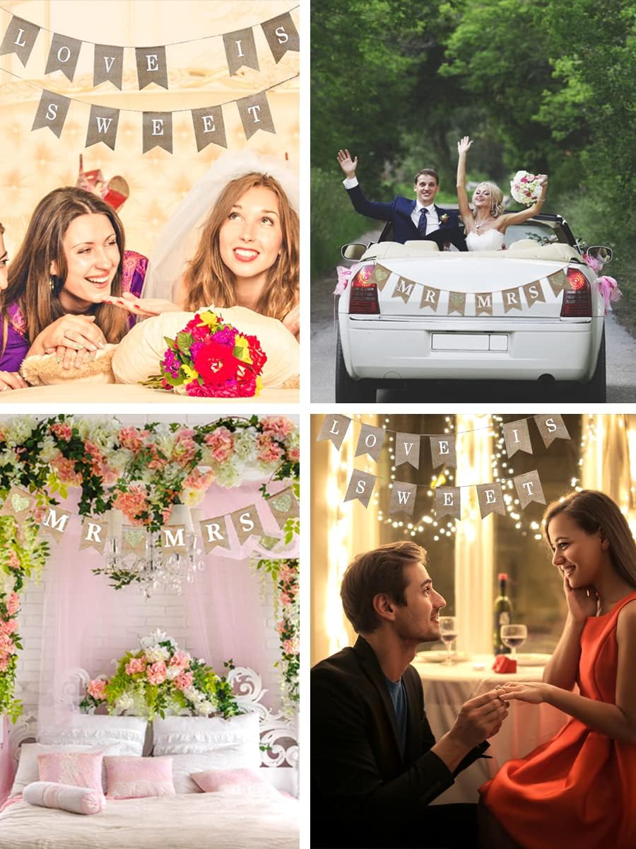 Love is Sweet Sign Banner Mr and Mrs Burlap Banner Sign Rustic Decoration for Wedding Party Table Photobooth Props Home Wall by Mandala Crafts