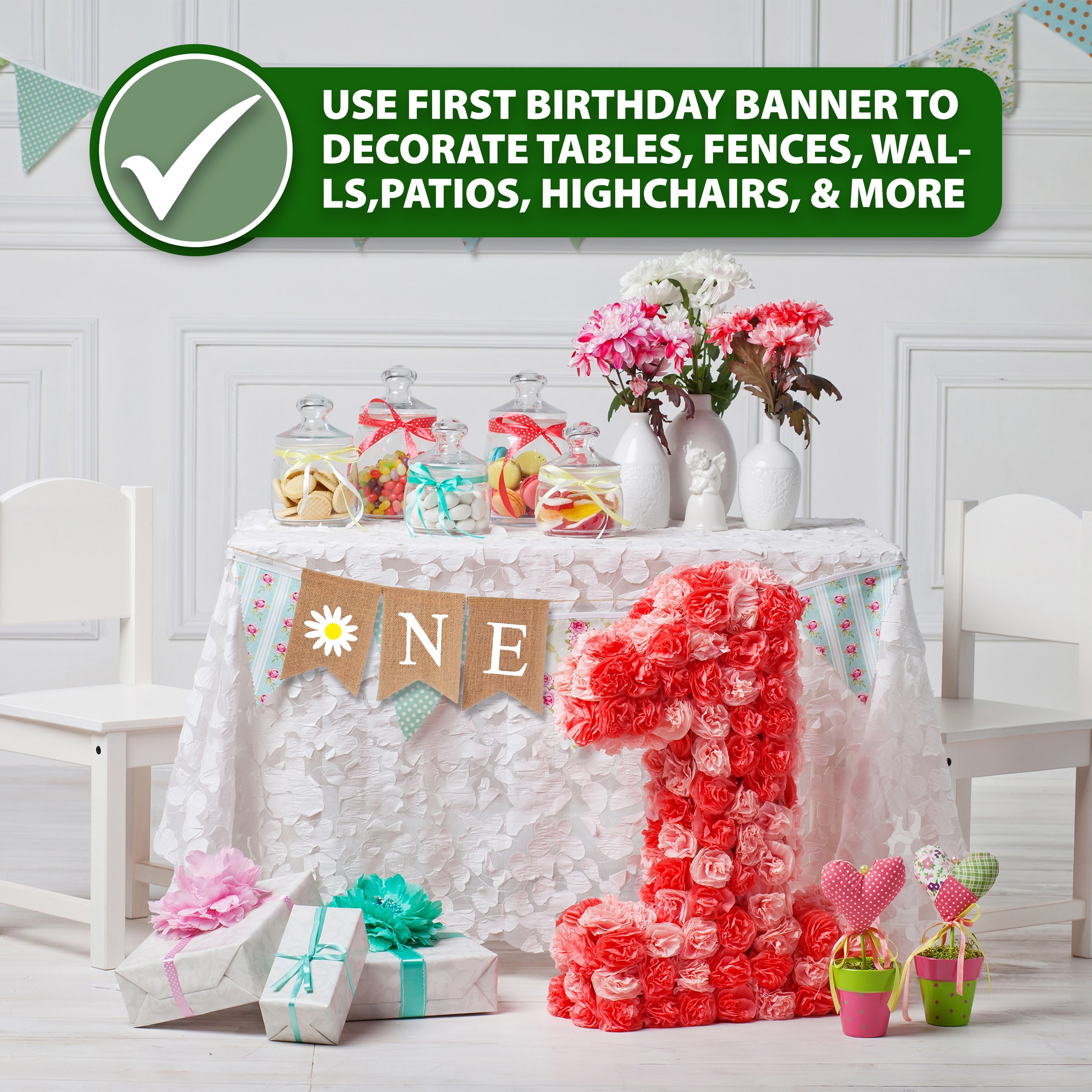 Mandala Crafts Burlap Daisy Baby 1st Birthday Banner for Highchair Nursery First Birthday Decorations for Girl Boy Daisy Birthday Decorations