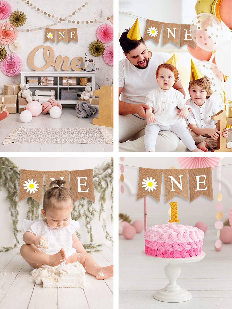Mandala Crafts Burlap Daisy Baby 1st Birthday Banner for Highchair Nursery First Birthday Decorations for Girl Boy Daisy Birthday Decorations