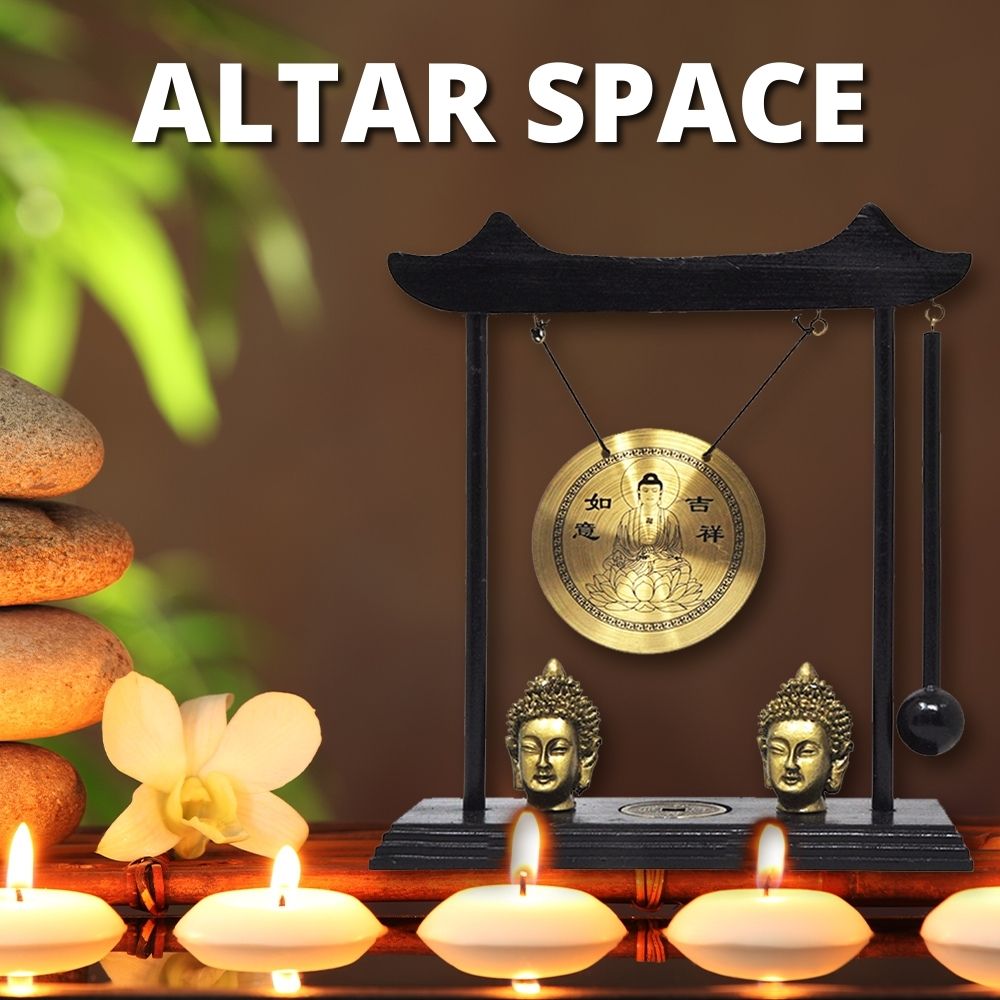 Mandala Crafts Chinese Gong - Mini Gong with Stand - Zen Art Brass Feng Shui Desktop Gong with Stand Asian Gong Bell for Home Decoration Chau Gong