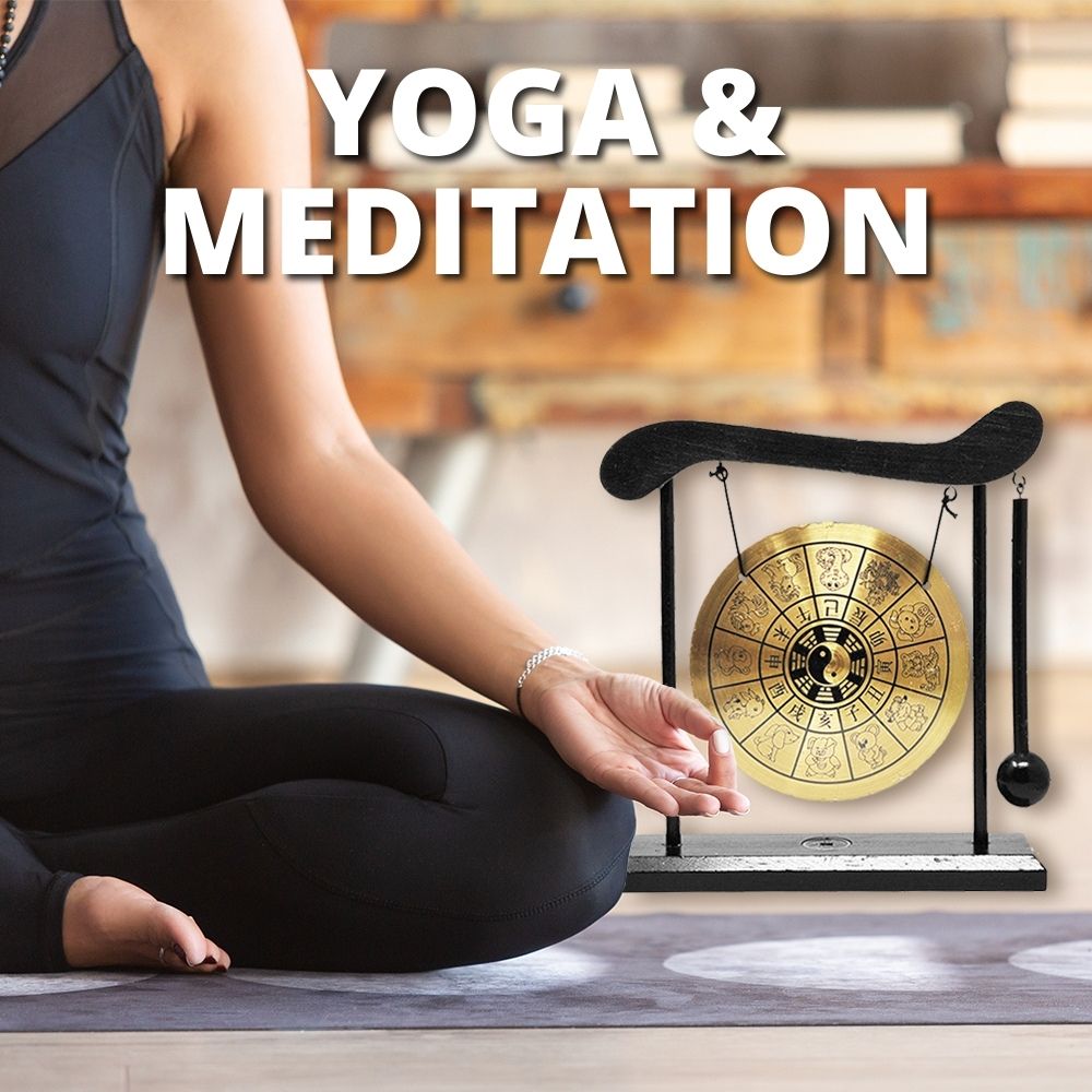 Mandala Crafts Chinese Gong - Mini Gong with Stand - Zen Art Brass Feng Shui Desktop Gong with Stand Asian Gong Bell for Home Decoration Chau Gong