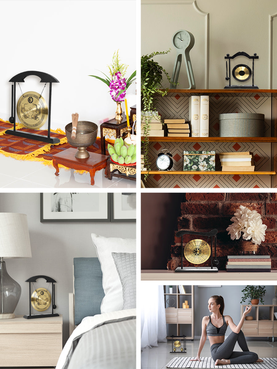 Mandala Crafts Chinese Gong - Mini Gong with Stand - Zen Art Brass Feng Shui Desktop Gong with Stand Asian Gong Bell for Home Decoration Chinese Zodiac Signs