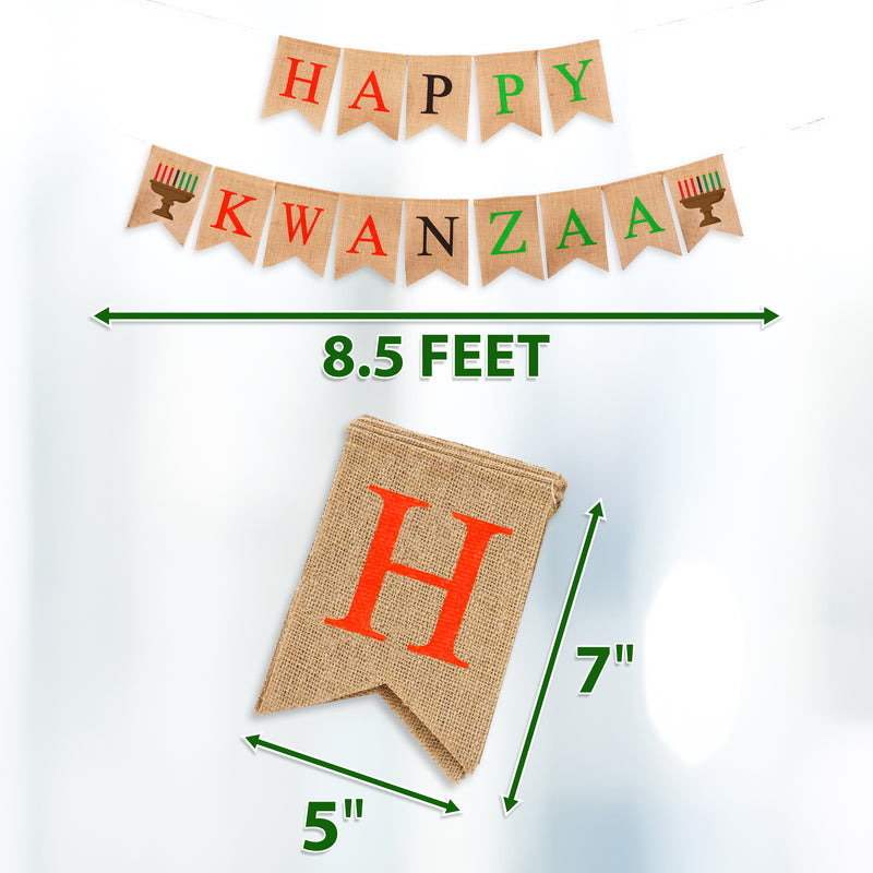 Mandala Crafts Jute Burlap Happy Kwanzaa Banner with Kinara Sign – Rustic African Kwanzaa Decorations for Home Holiday Party Mantel Fireplace African Heritage Decor