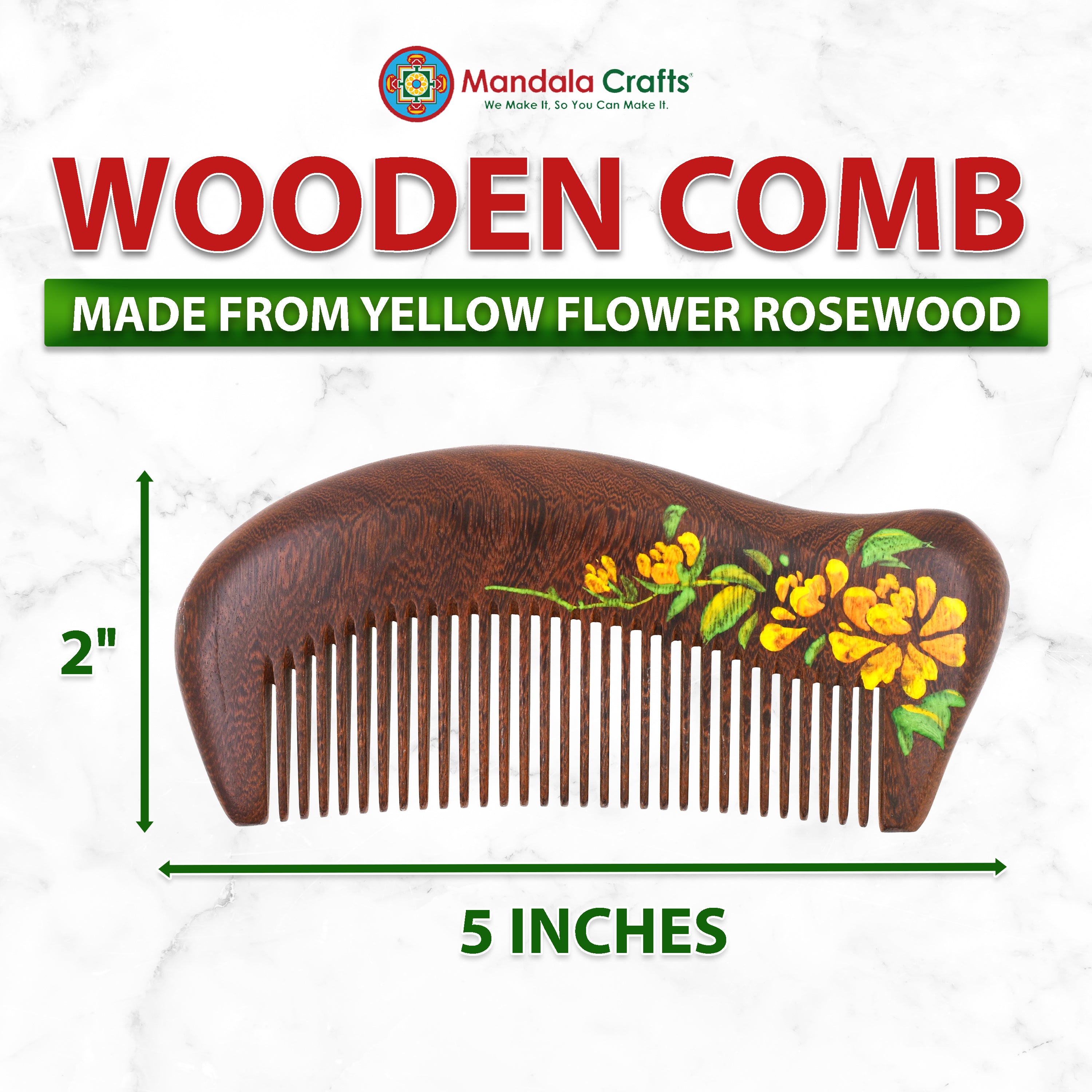Mandala Crafts Wooden Comb - Yellow Flower Rosewood Anti-Static Wood Comb - Wooden Wide Tooth Hair Comb for Men Women Straight Curly Hair Detangling Beard