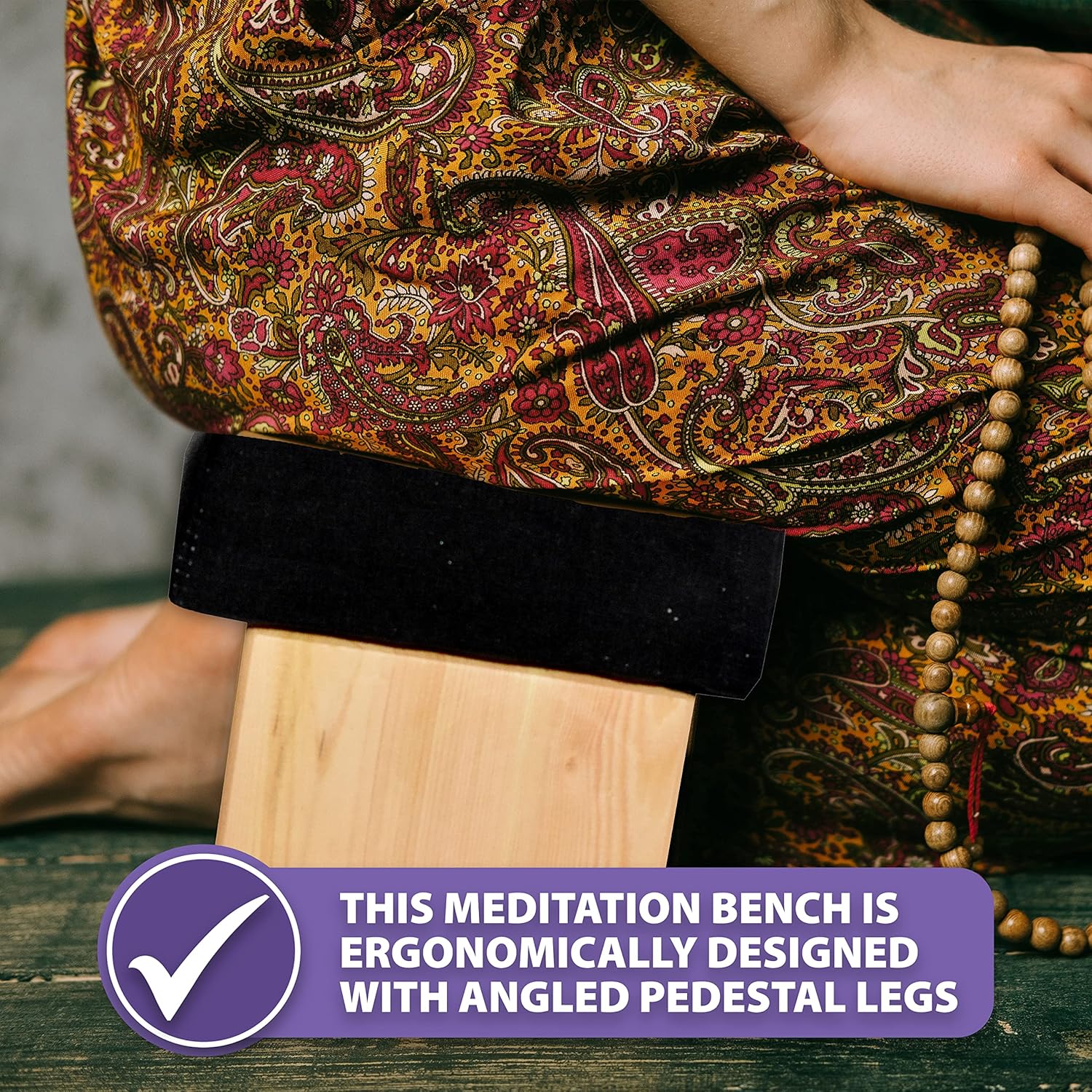Mudra Crafts Wooden Foldable Meditation Bench Kneeling Stool for Prayer Kneeler - Ergonomic Meditation Seat Seiza Bench for Yoga - Meditation Stool with Cushion