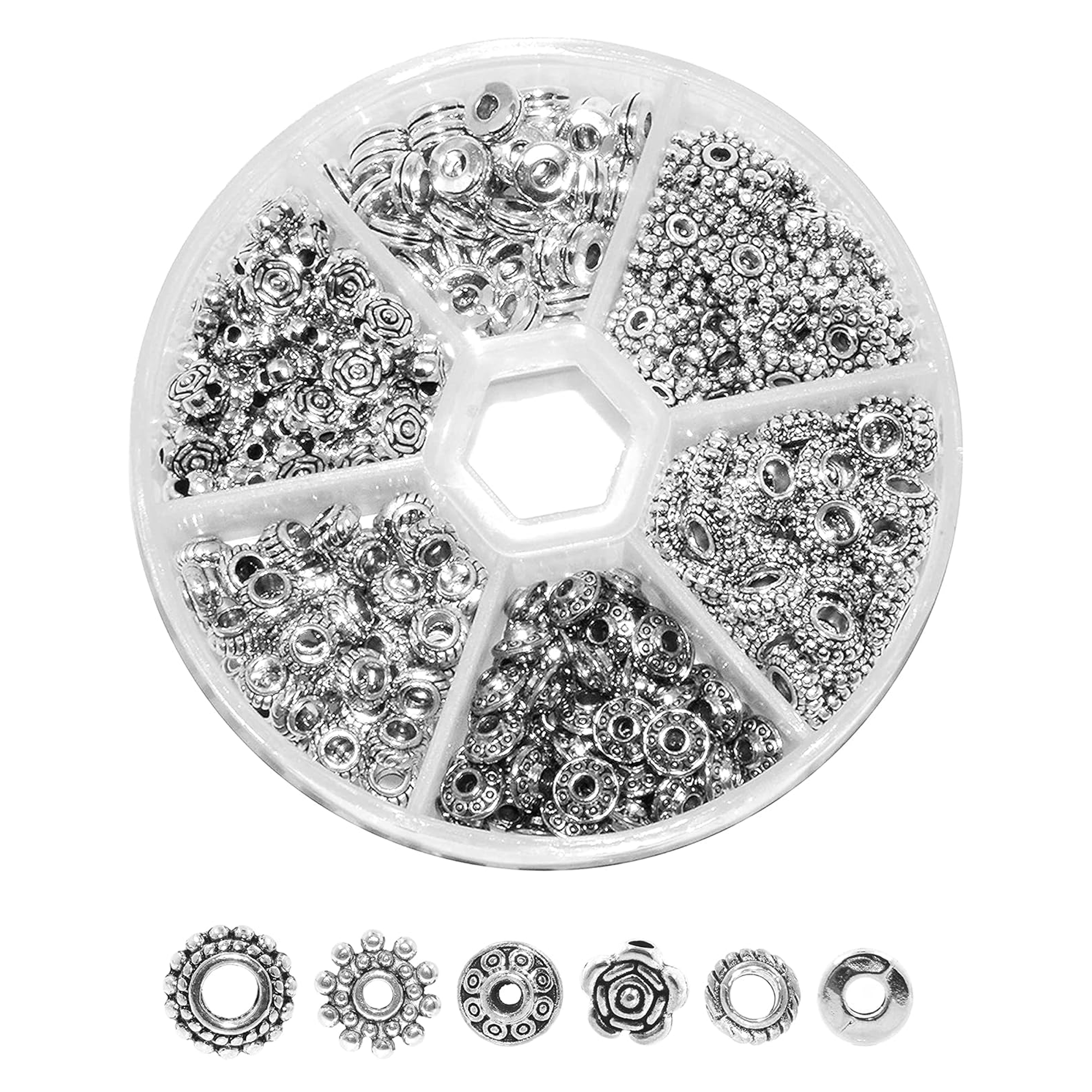 Mandala Crafts Assorted Tibetan Metal Accent Charm Spacer Finding Beads with Holes for Bracelet Necklace Jewelry Making (6 to 7 mm, Antique Silver Color)
