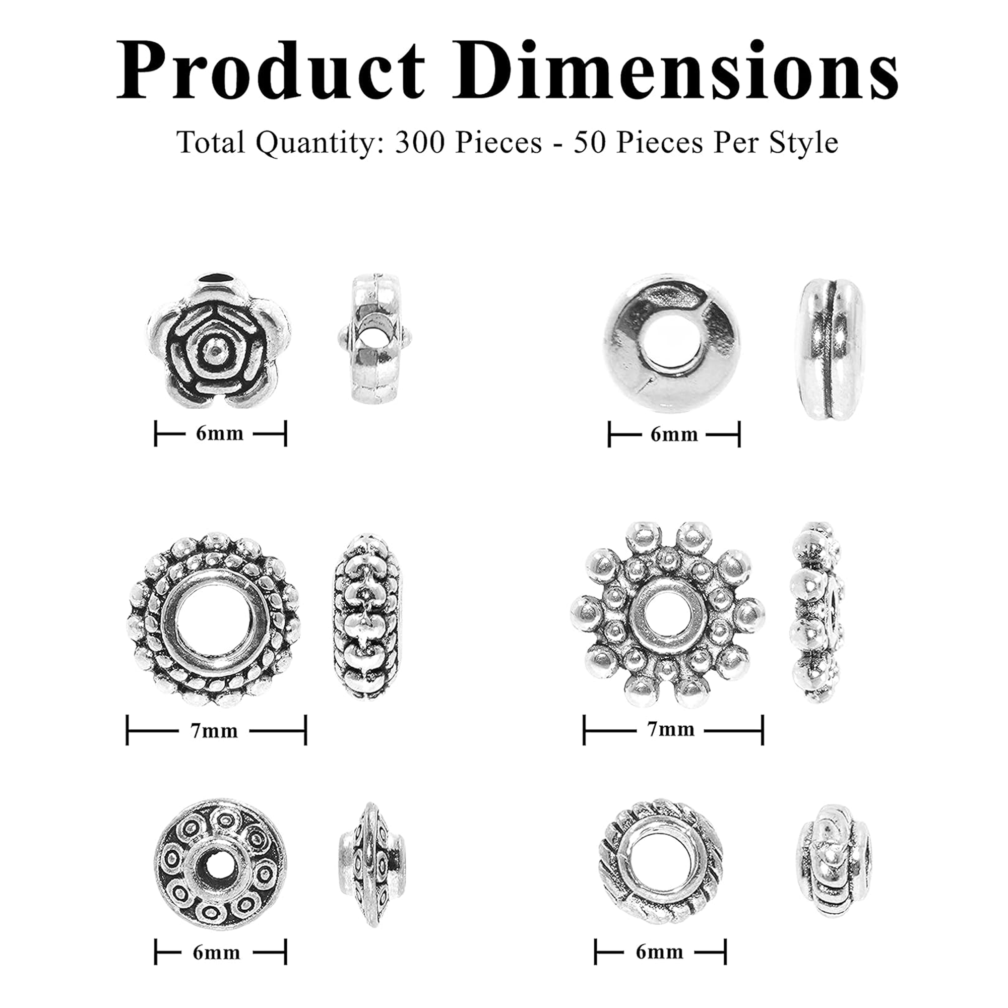 Mandala Crafts Assorted Tibetan Metal Accent Charm Spacer Finding Beads with Holes for Bracelet Necklace Jewelry Making (6 to 7 mm, Antique Silver Color)