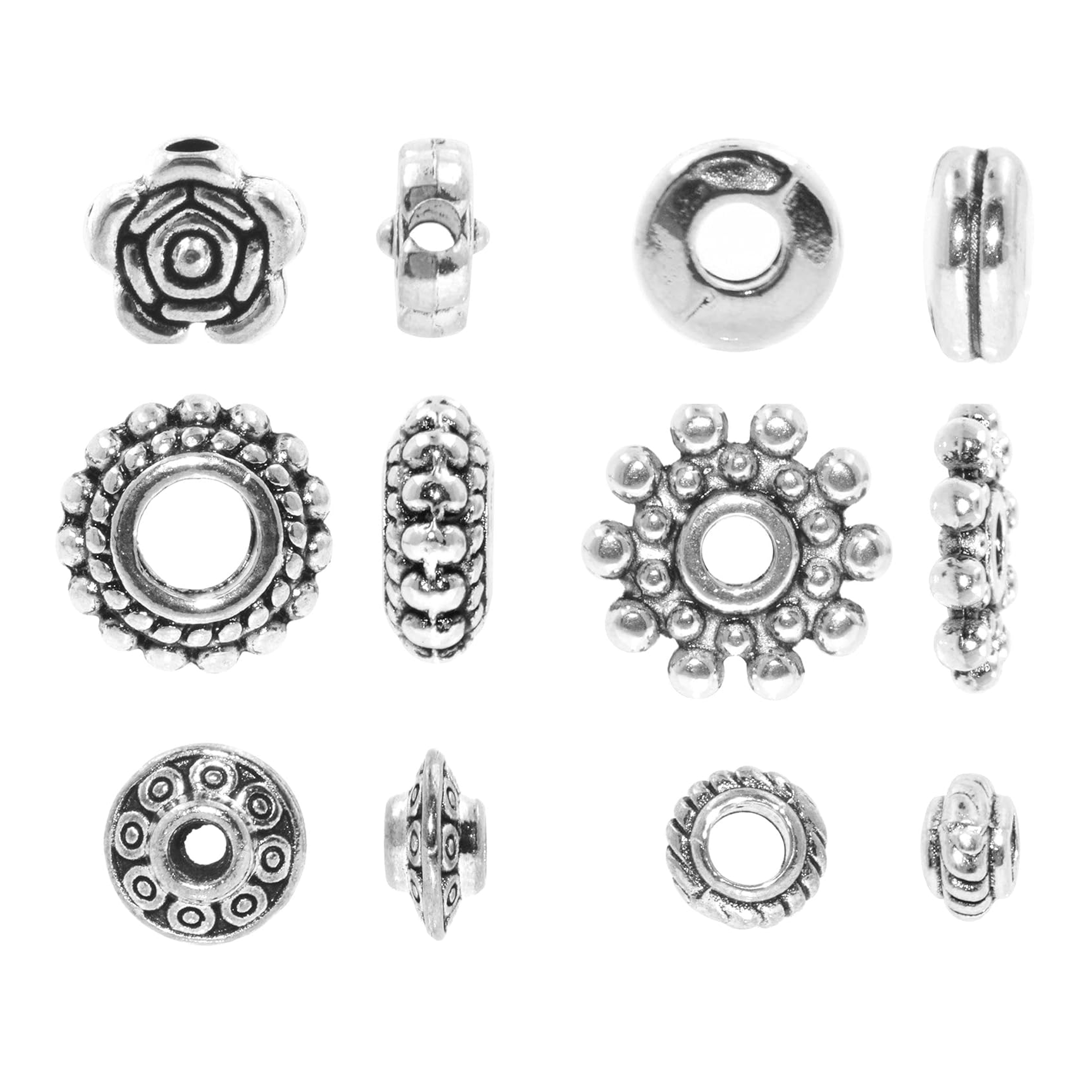 Mandala Crafts Assorted Tibetan Metal Accent Charm Spacer Finding Beads with Holes for Bracelet Necklace Jewelry Making (6 to 7 mm, Antique Silver Color)