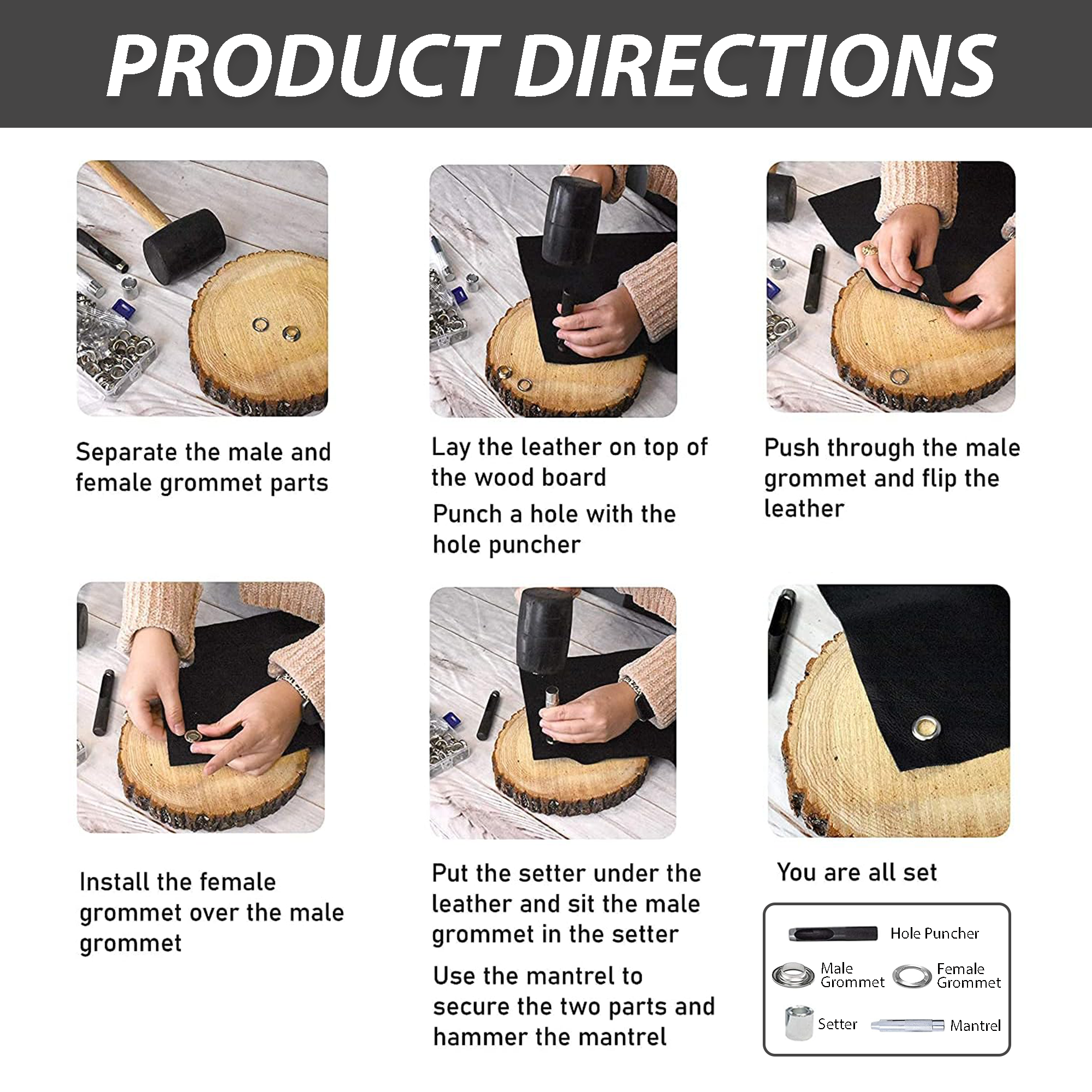 Grommet Eyelet Kit with Setting Tools for Leather, Fabric, Boots, Tarp Repair, Sewing