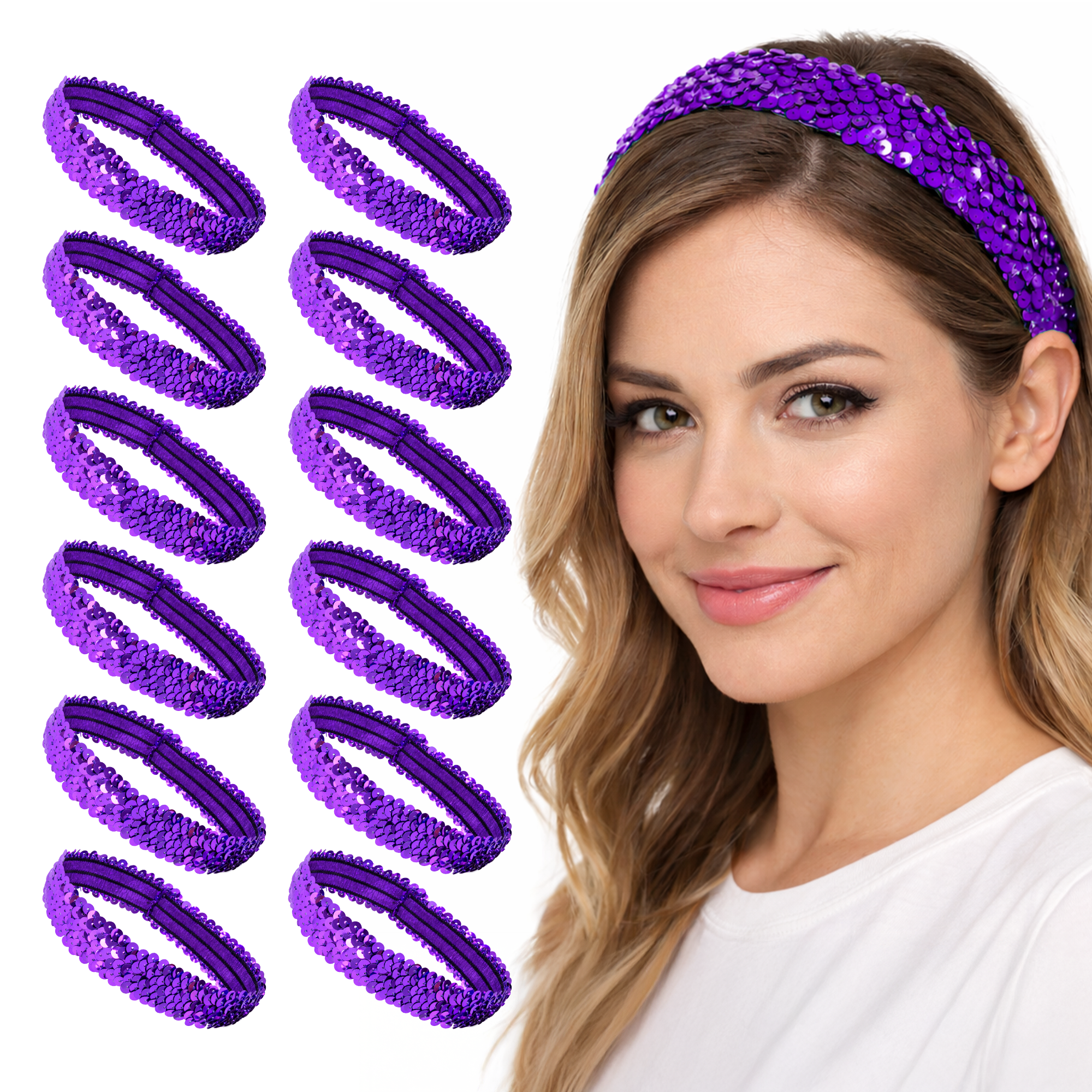 Mandala Crafts Stretch Elastic Sequin Headband, Sparkle Glitter Fashion Head Band 12 Pack Set for Sports, Dance, Party, Women, Girls, Babies