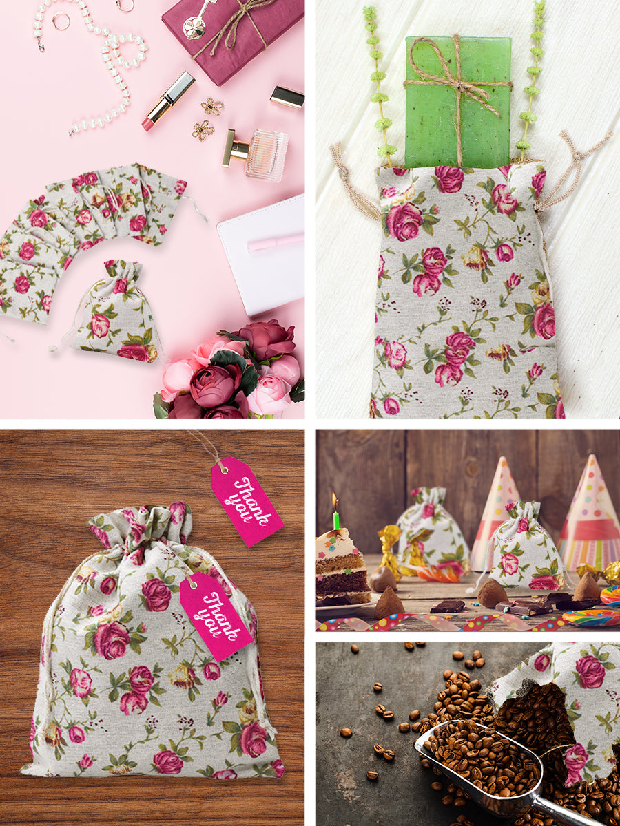 Rose Burlap Drawstring Bags - Floral Gift Bags Flower Linen Burlap Bags with Drawstring Small Pouches for Wedding Party Favor Jewelry