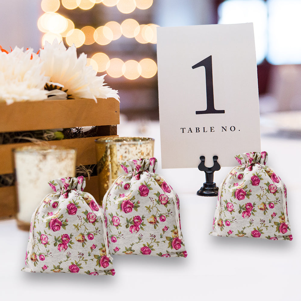 Rose Burlap Drawstring Bags - Floral Gift Bags Flower Linen Burlap Bags with Drawstring Small Pouches for Wedding Party Favor Jewelry