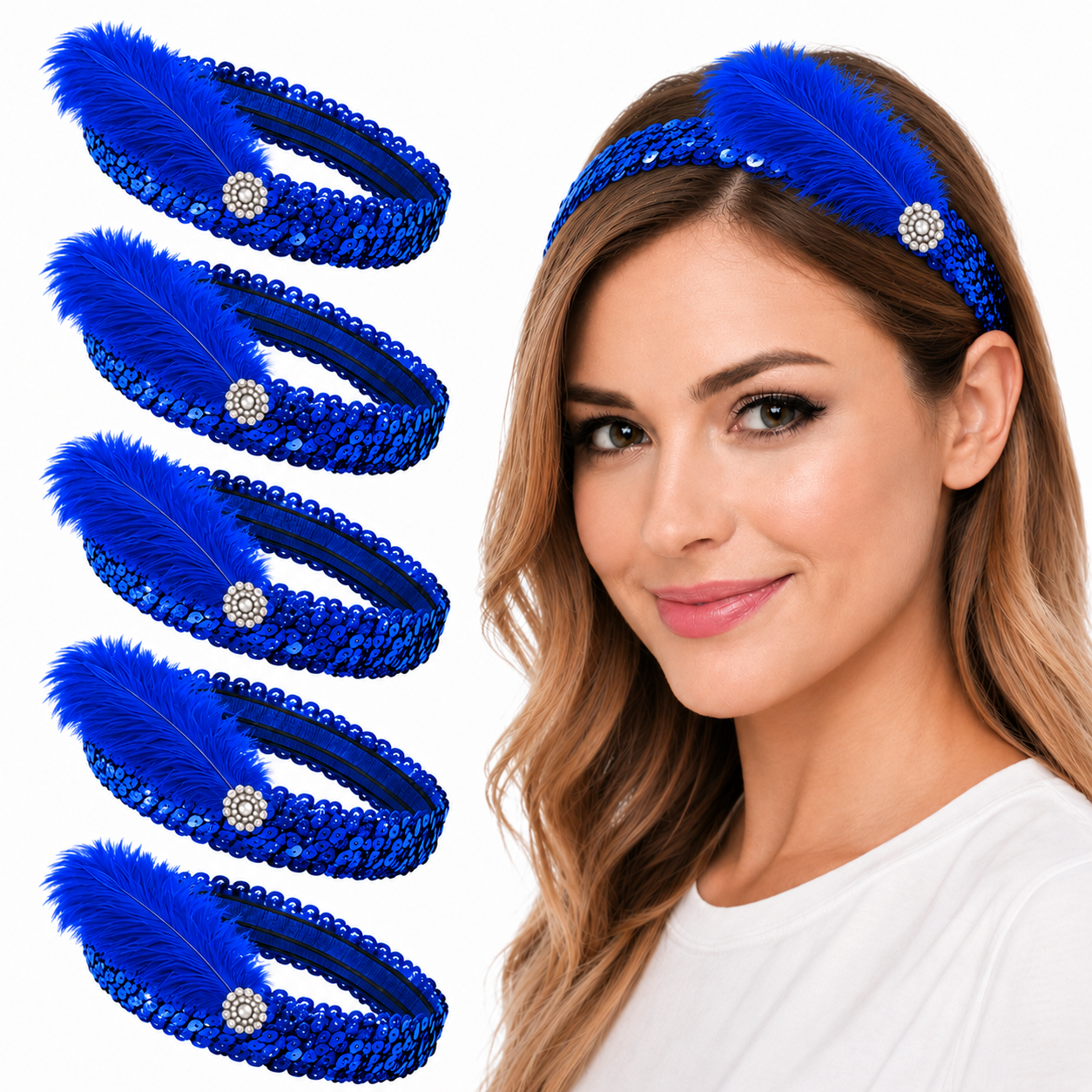 Mandala Crafts Glitter Sequin Headbands with Ostrich Feather Flapper for Women – Elastic Sparkle Bands for Disco, Dance, Carnival Party, or Costume Accessories 5 PCs