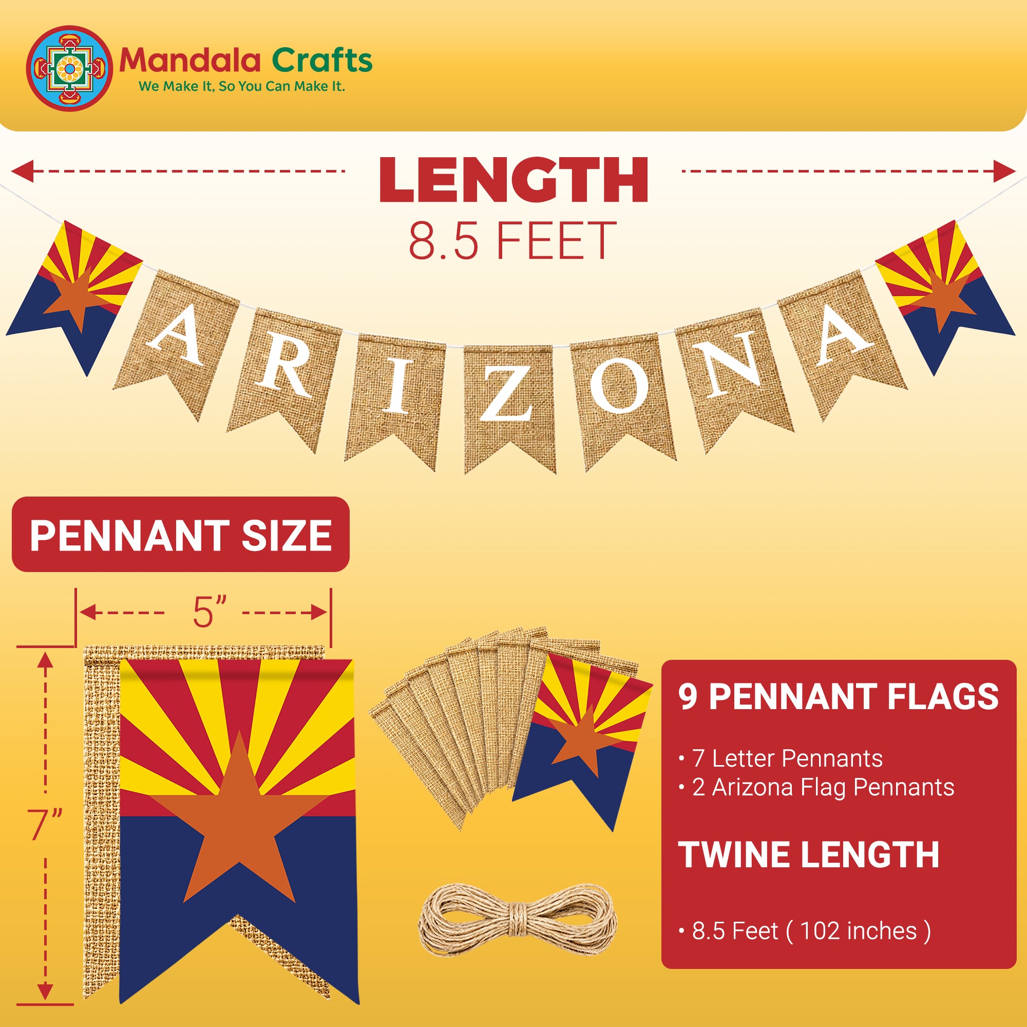 Mandala Crafts Burlap Banner, Rustic State Flag Pennant Decorations, Jute Garland Sign for Western Party, Classroom & Fireplace Mantel Décor